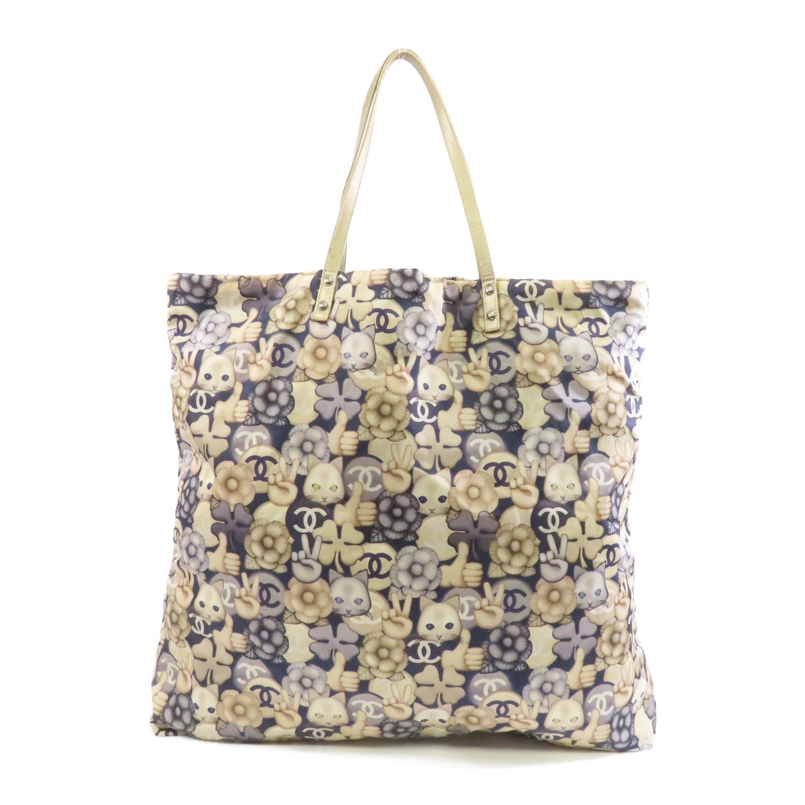 CHANEL 【激減優惠】菱格尼龍Tote Bag金扣肩背袋米色/深藍色