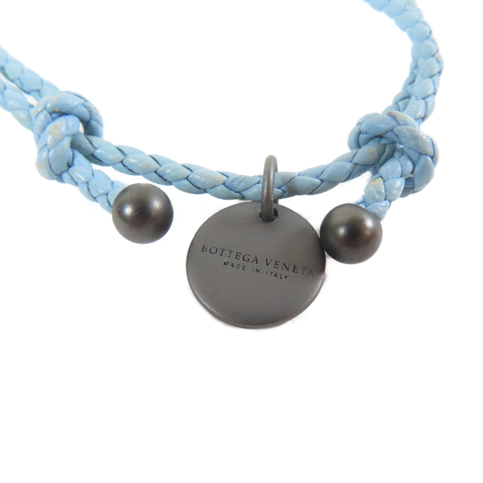 BOTTEGA VENETA 【激減優惠】織紋皮革Bracelet黑扣手鏈淺藍色#18cm