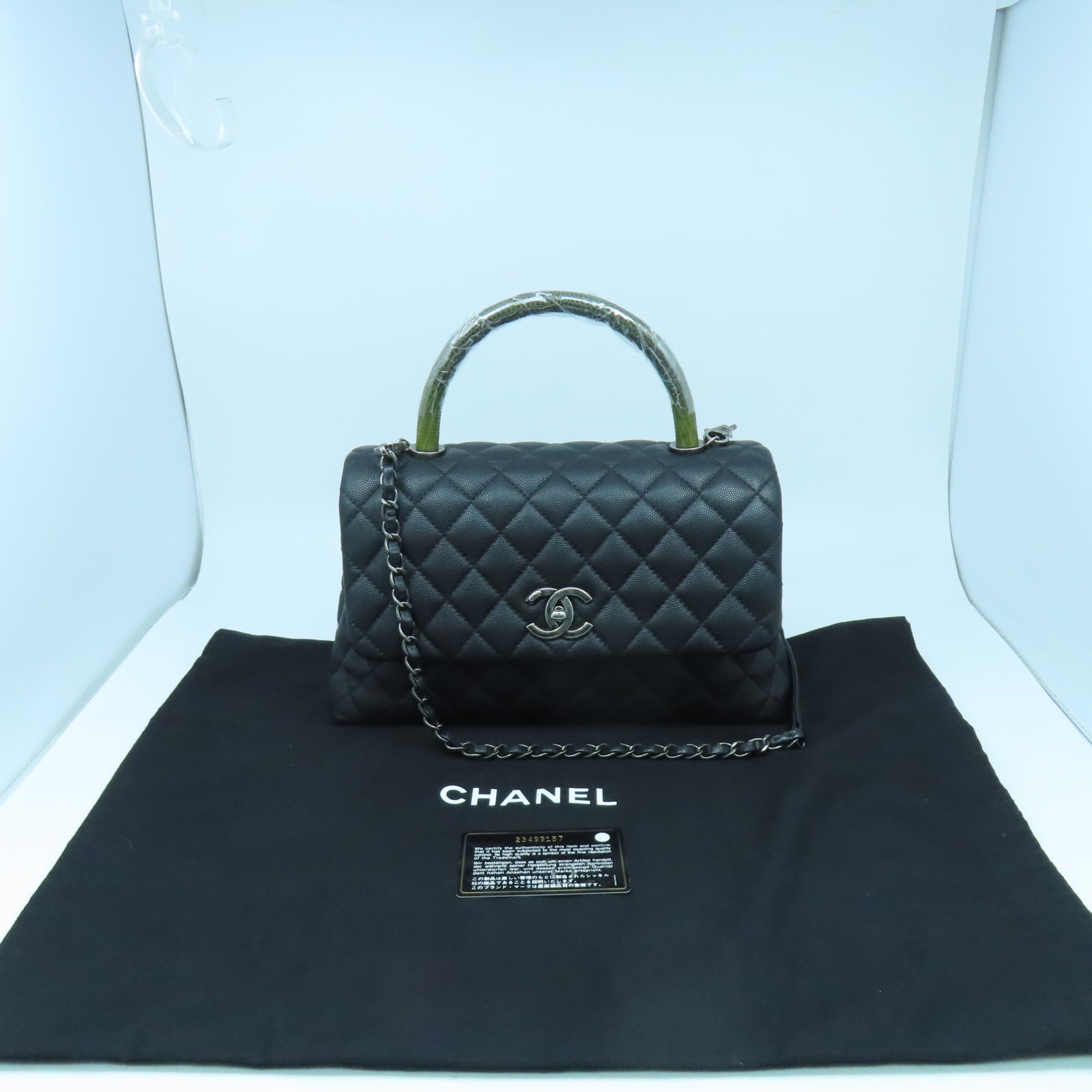 CHANEL 【激減優惠】菱格Caviar皮革/蜥蝪皮革Coco Handle銀扣鏈帶手挽肩背兩用袋黑色