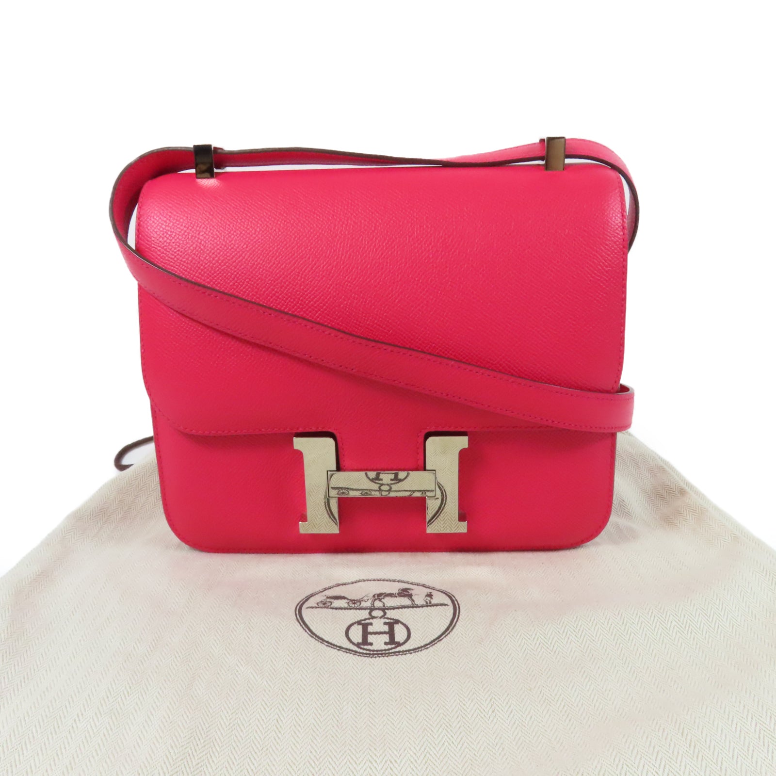 HERMES 【激減優惠】Epsom皮革Constance 24銀扣肩背袋粉紅色