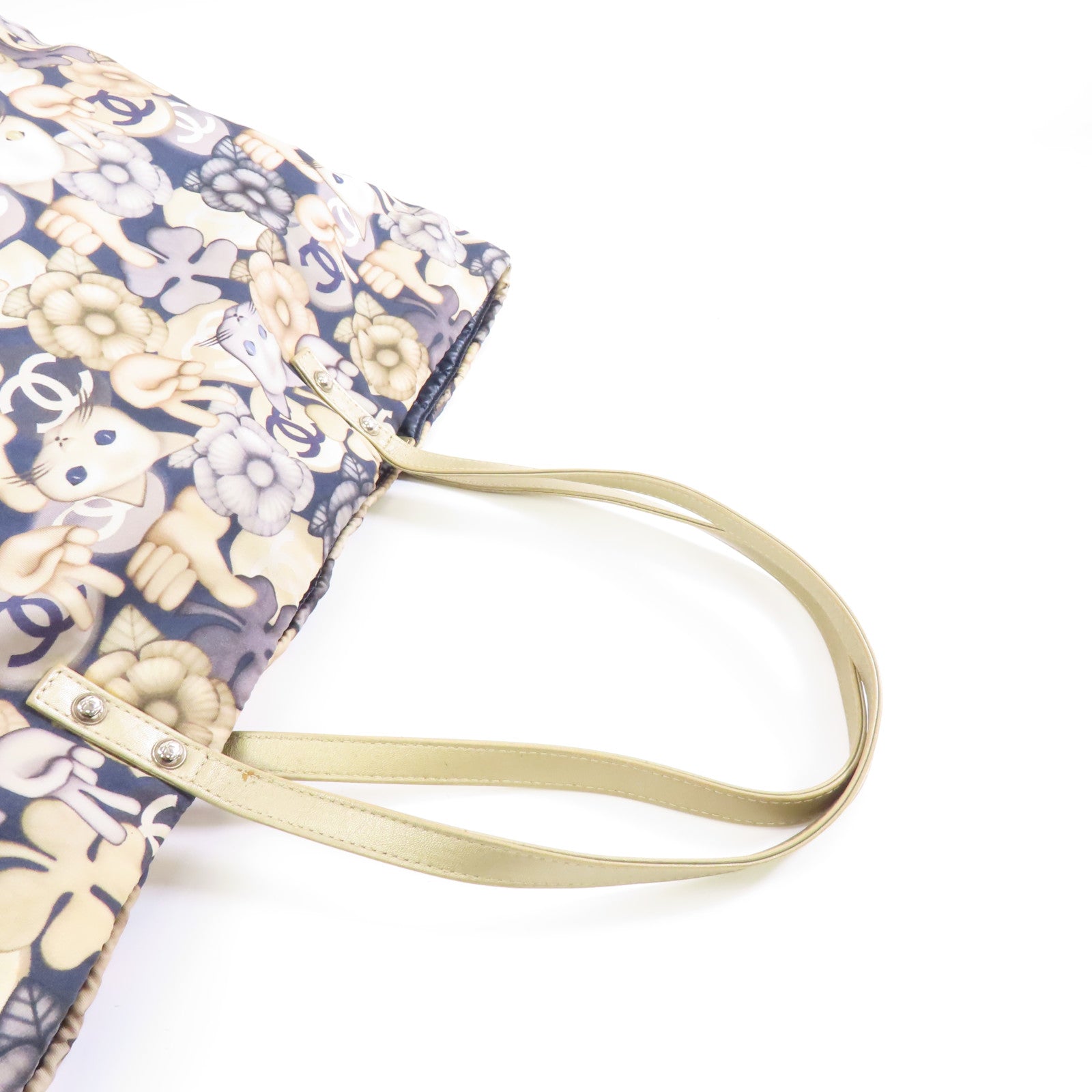 CHANEL 【激減優惠】菱格尼龍Tote Bag金扣肩背袋米色/深藍色