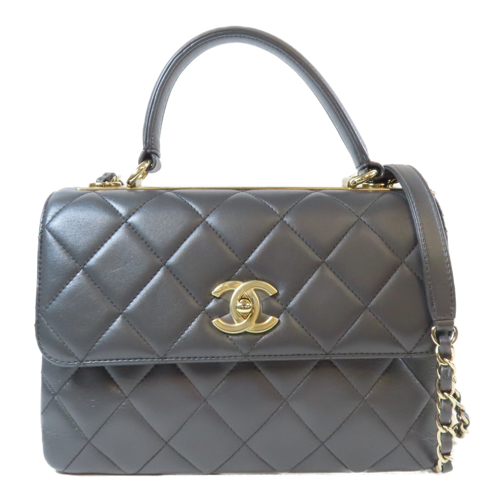 CHANEL 菱格牛皮皮革Trendy CC金扣鏈帶手挽肩背兩用袋灰色