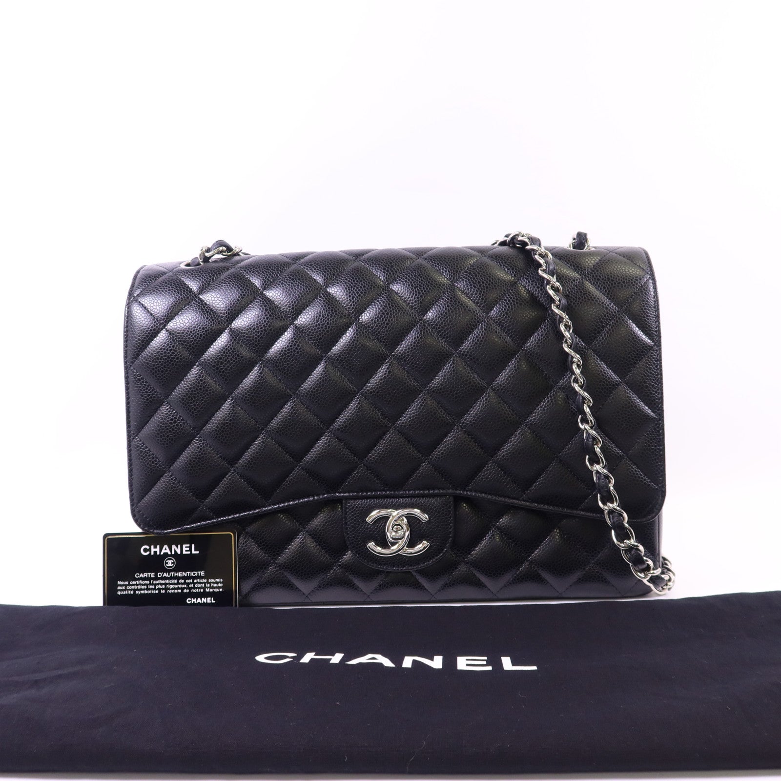 CHANEL 牛皮皮革Maxi Classic銀扣鏈帶肩背袋