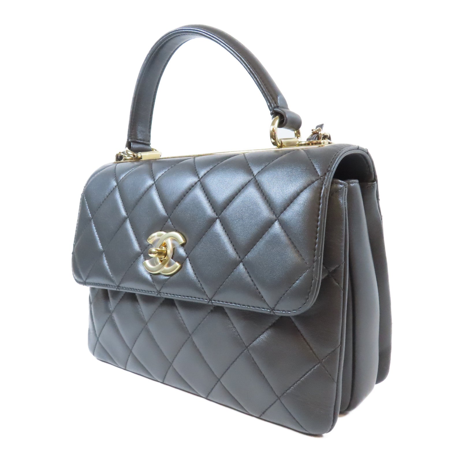 CHANEL 菱格牛皮皮革Trendy CC金扣鏈帶手挽肩背兩用袋灰色