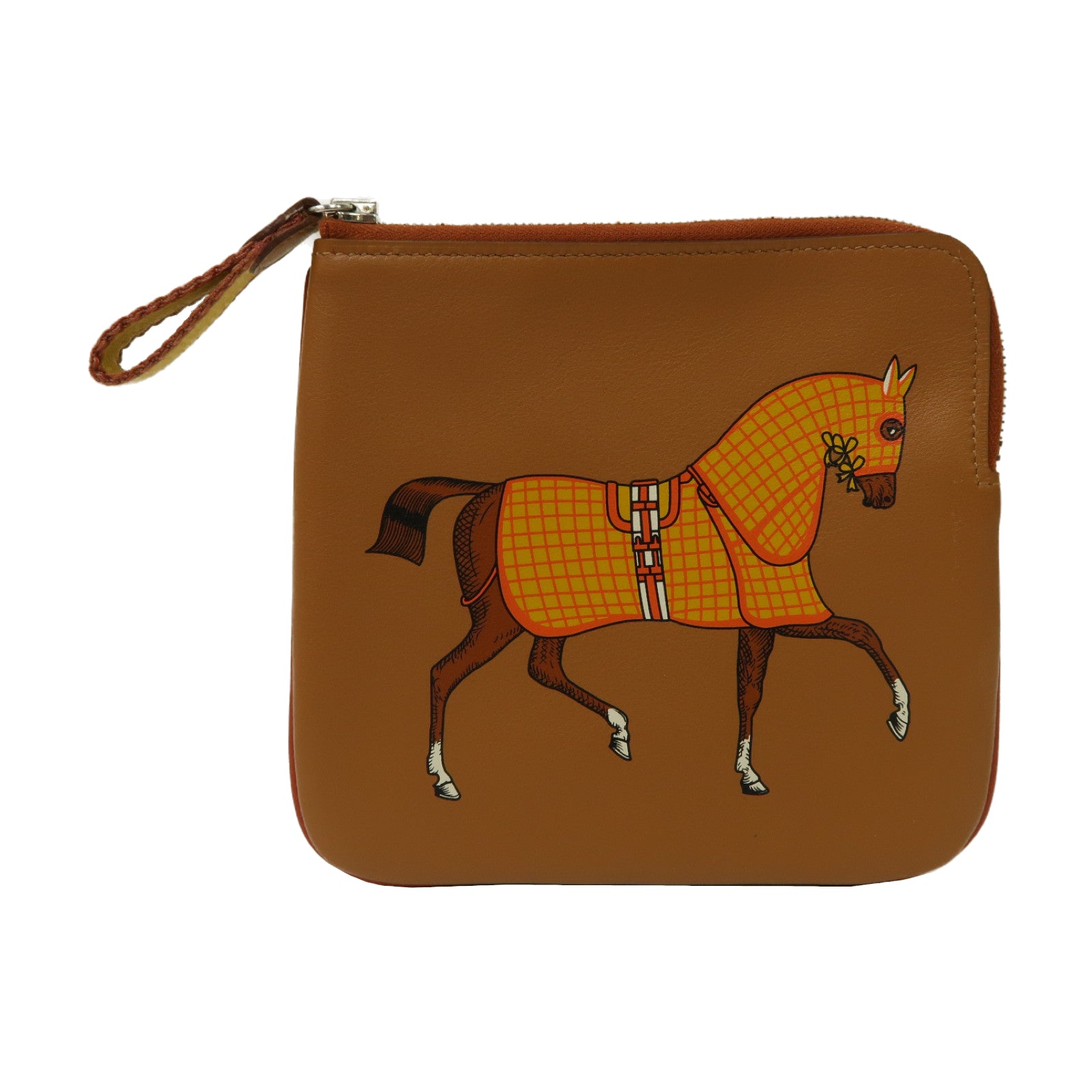 HERMES Vache Liegee皮革Carre Pocket Pouch銀扣手拿包經典駝色
