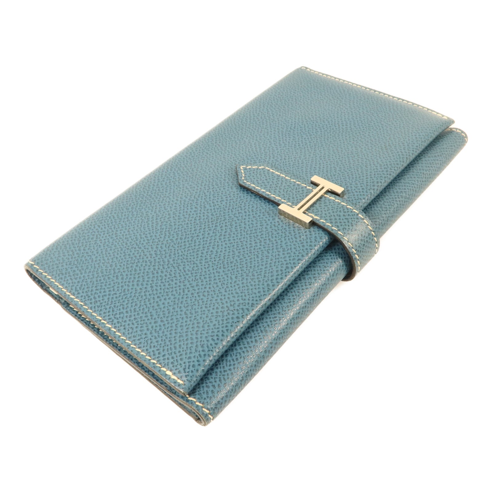 HERMES Courchevel皮革Bearn Trifold長錢包Bleu Jean
