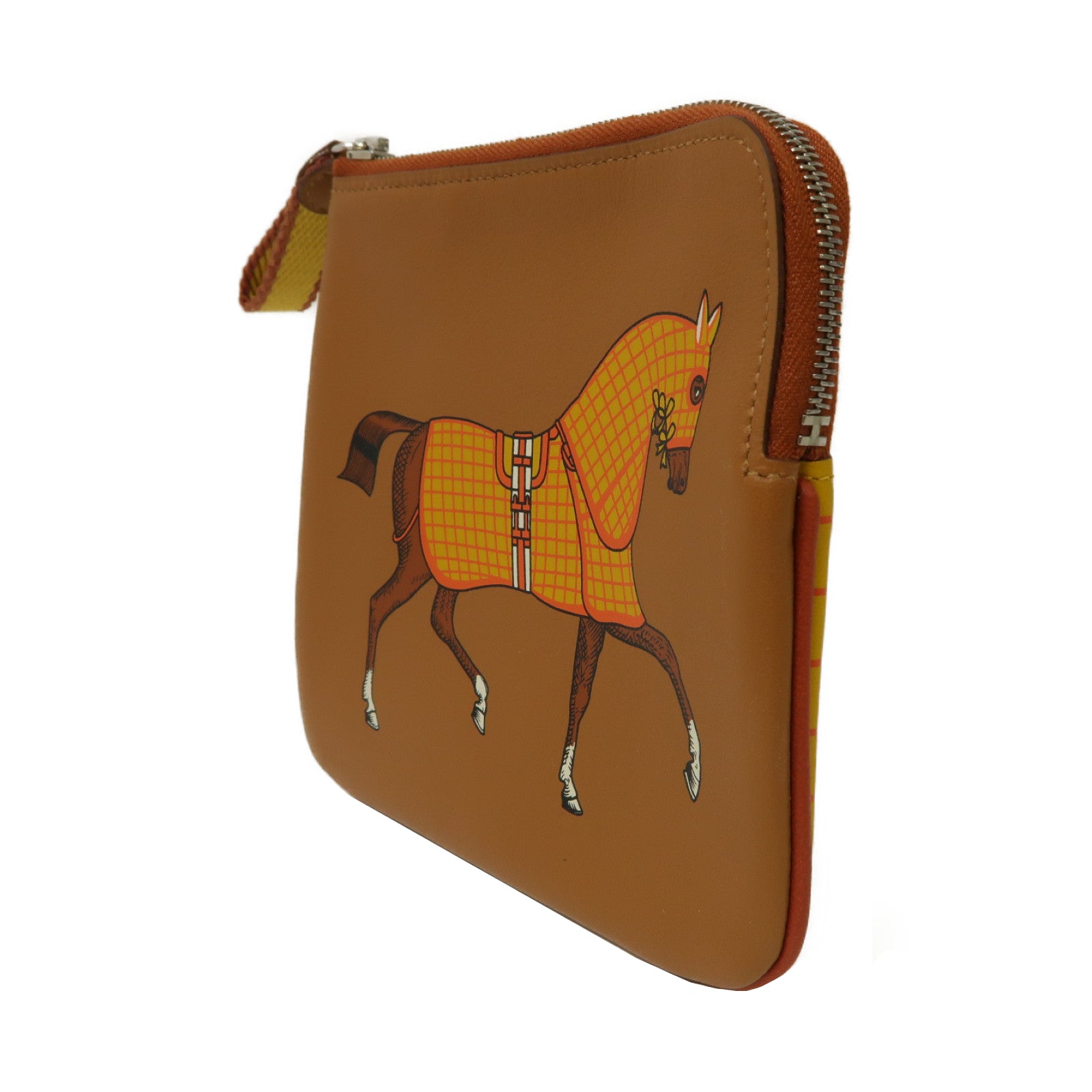 HERMES Vache Liegee皮革Carre Pocket Pouch銀扣手拿包經典駝色