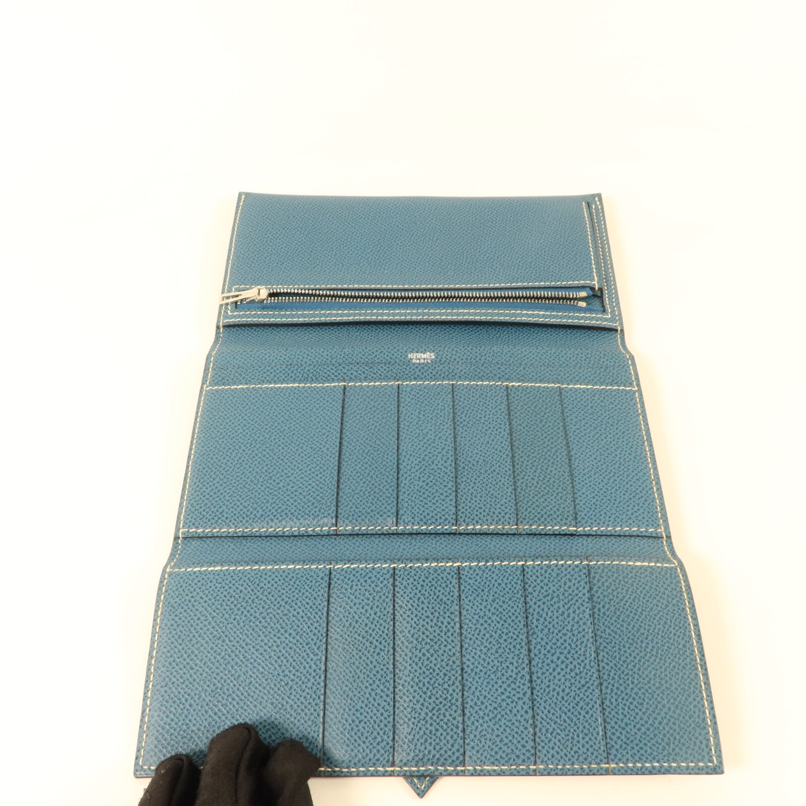 HERMES Courchevel皮革Bearn Trifold長錢包Bleu Jean