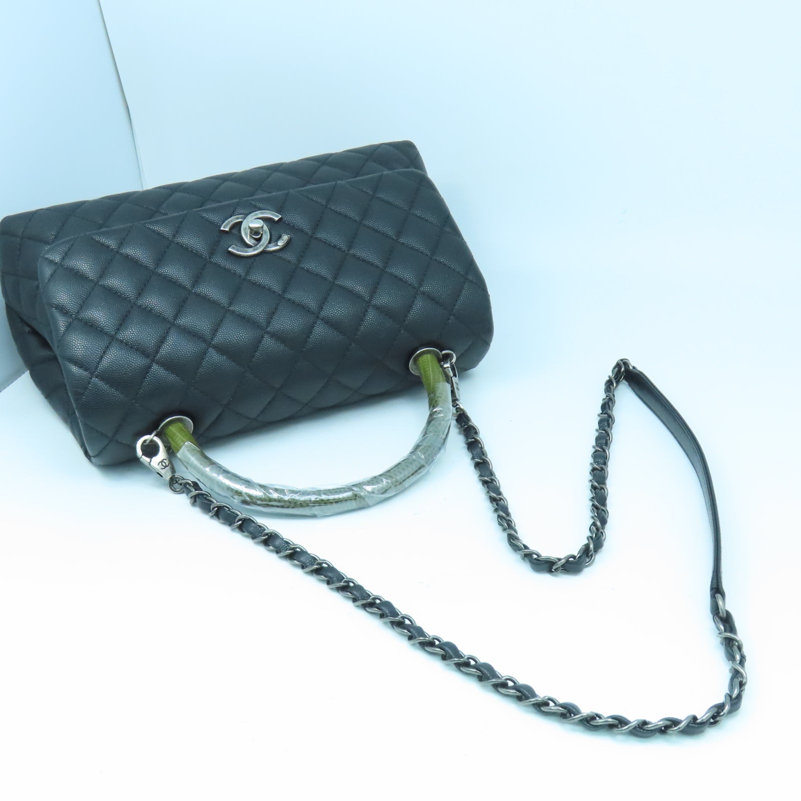 CHANEL 【激減優惠】菱格Caviar皮革/蜥蝪皮革Coco Handle銀扣鏈帶手挽肩背兩用袋黑色