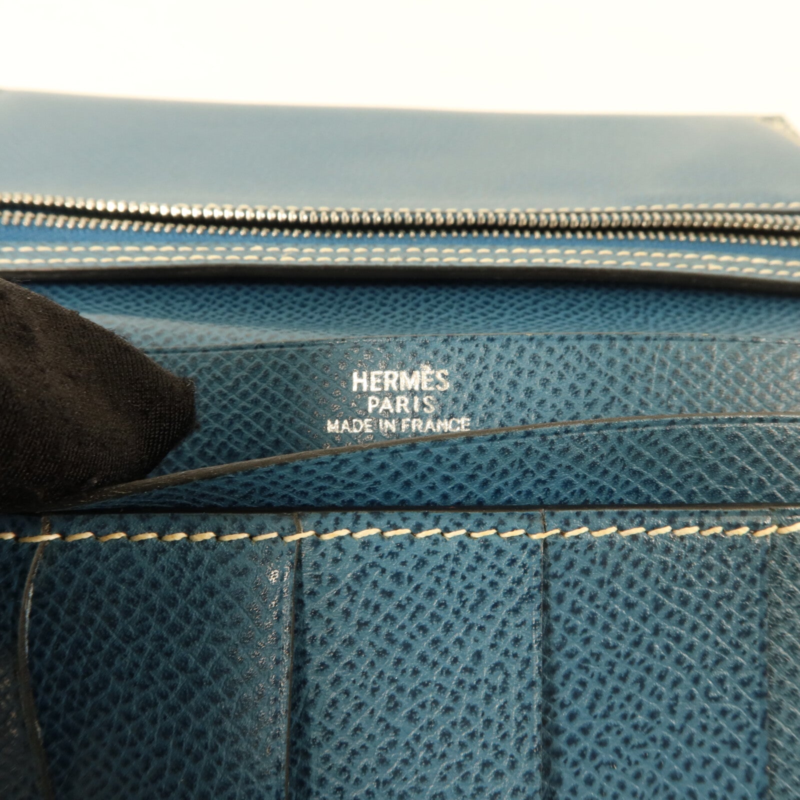 HERMES Courchevel皮革Bearn Trifold長錢包Bleu Jean