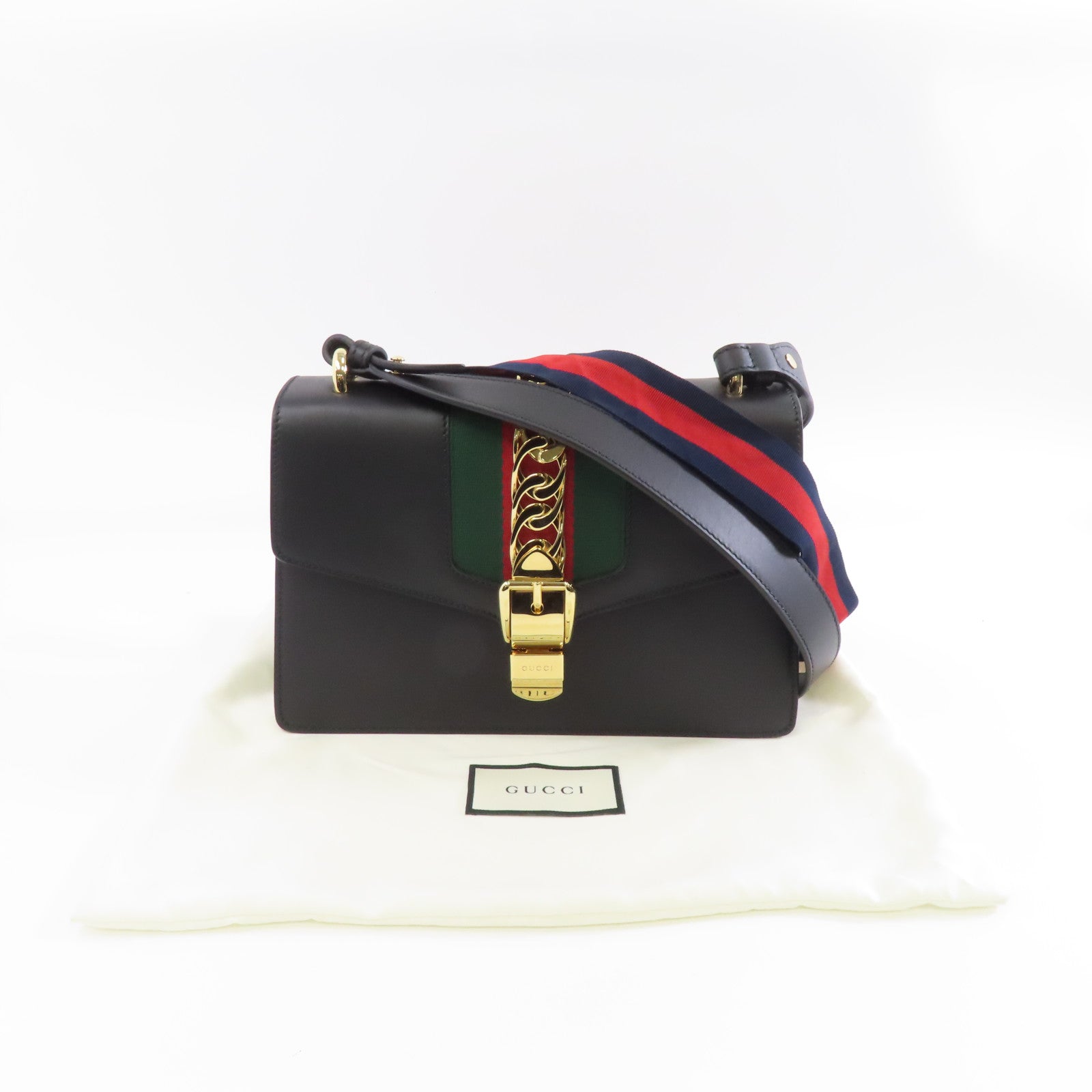 GUCCI 【激減優惠】牛皮皮革Sylvia金扣肩背袋黑色