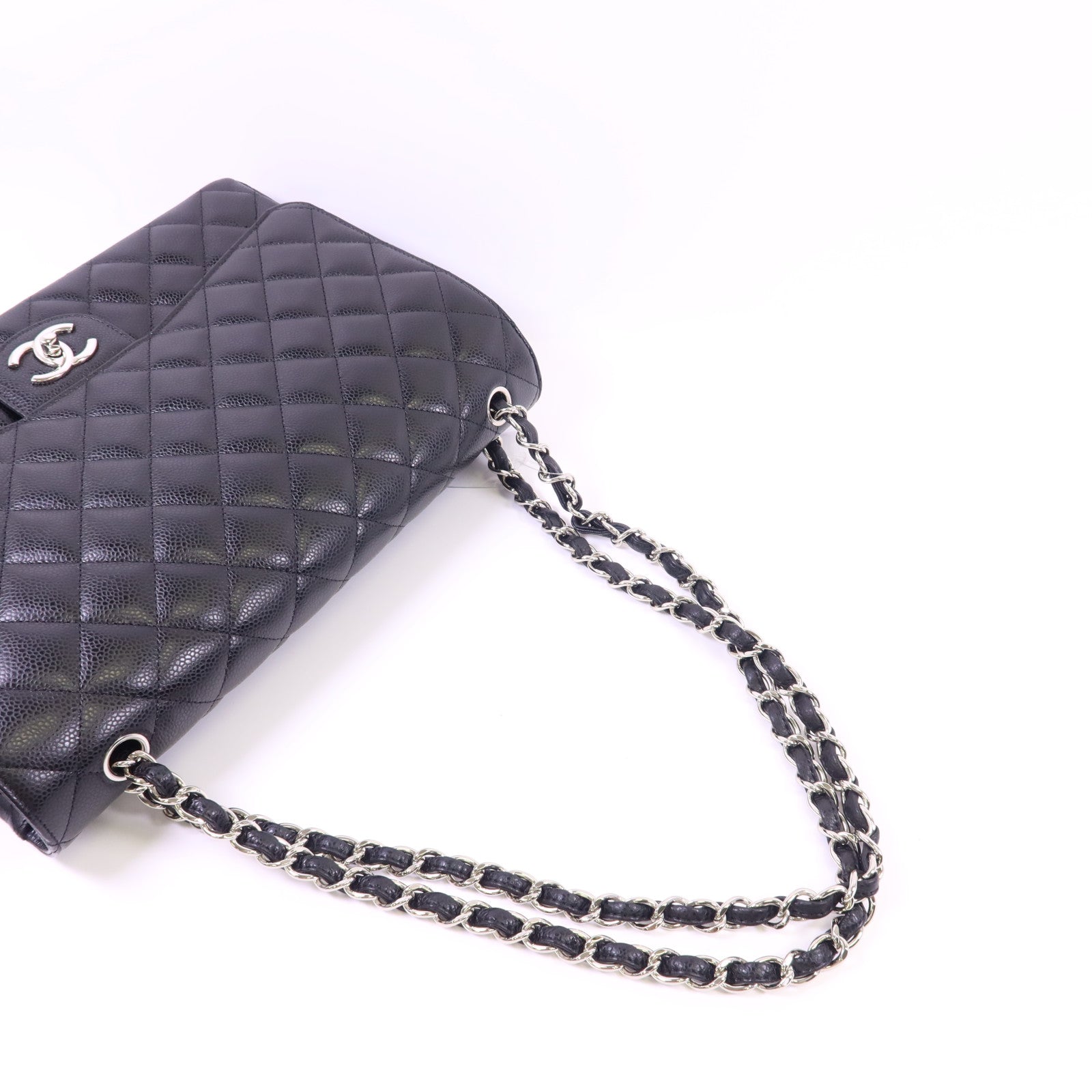 CHANEL 牛皮皮革Maxi Classic銀扣鏈帶肩背袋