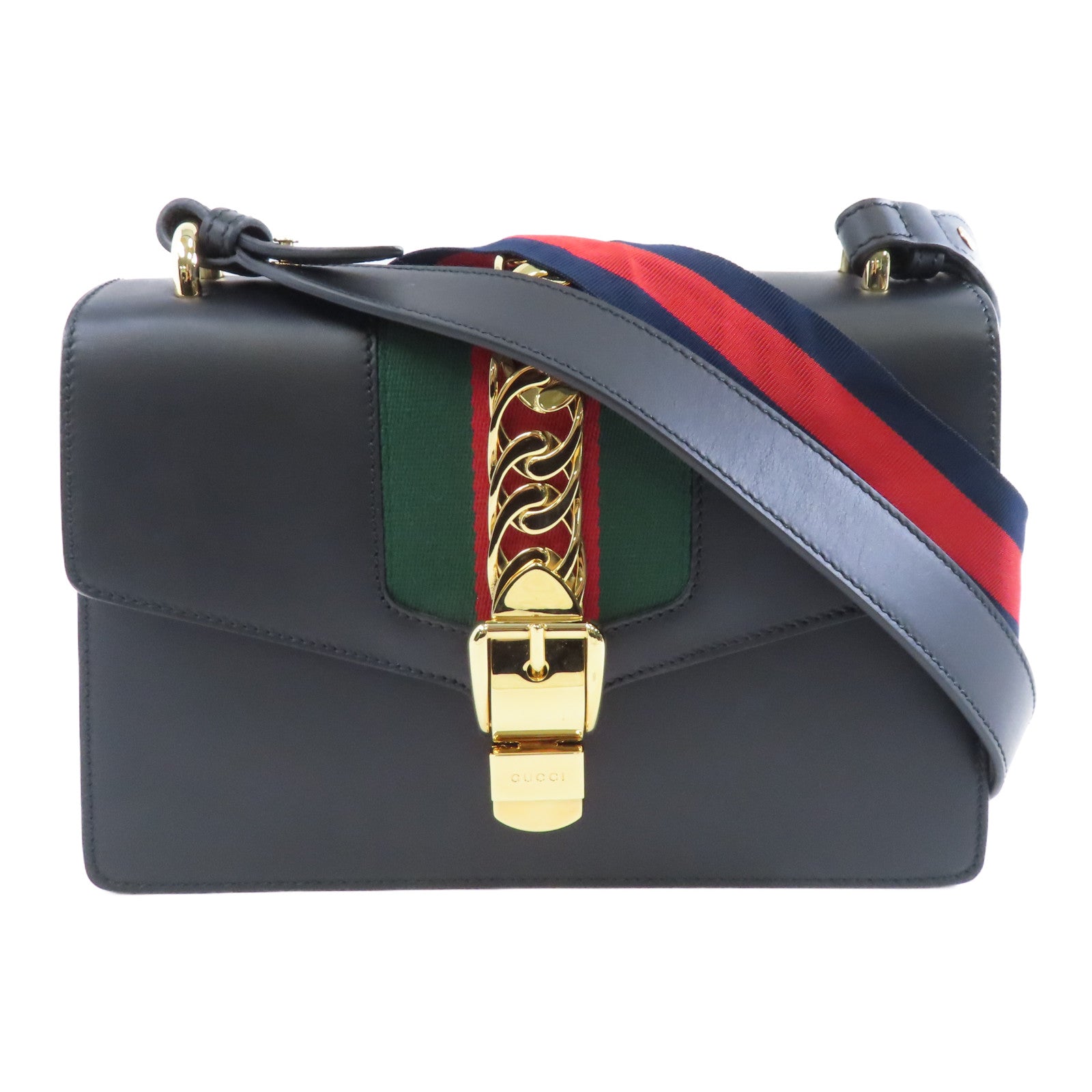 GUCCI 【激減優惠】牛皮皮革Sylvia金扣肩背袋黑色