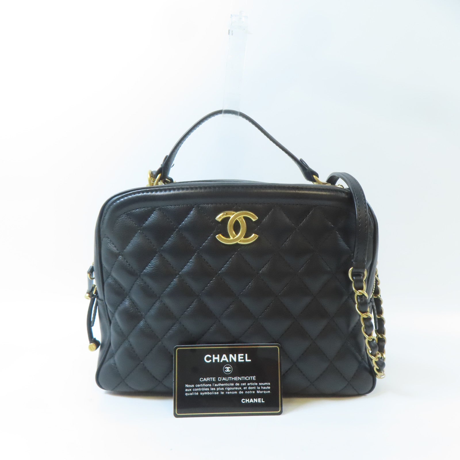 CHANEL 菱格牛皮皮革Chain Shoulder金扣手挽肩背兩用袋黑色