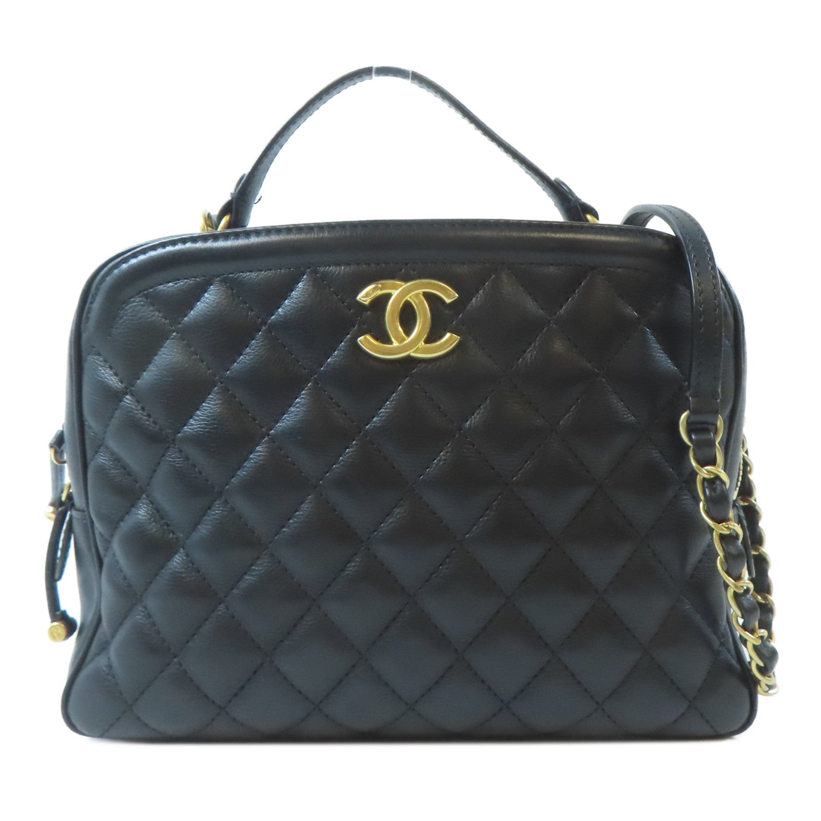 CHANEL 菱格牛皮皮革Chain Shoulder金扣手挽肩背兩用袋黑色