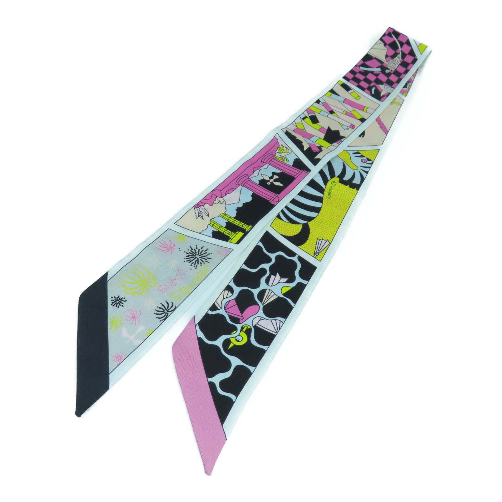 HERMES 【激減優惠】絲質Twilly Scarf絲巾白色/粉紅色