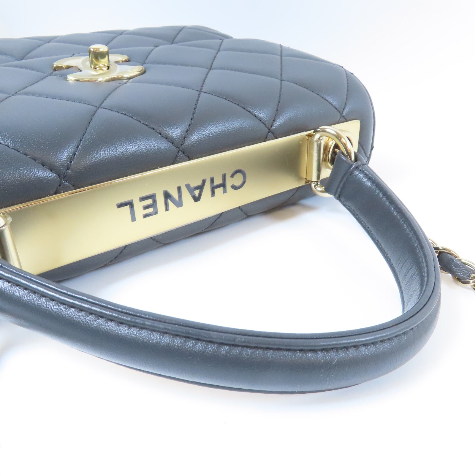 CHANEL 菱格牛皮皮革Trendy CC金扣鏈帶手挽肩背兩用袋灰色