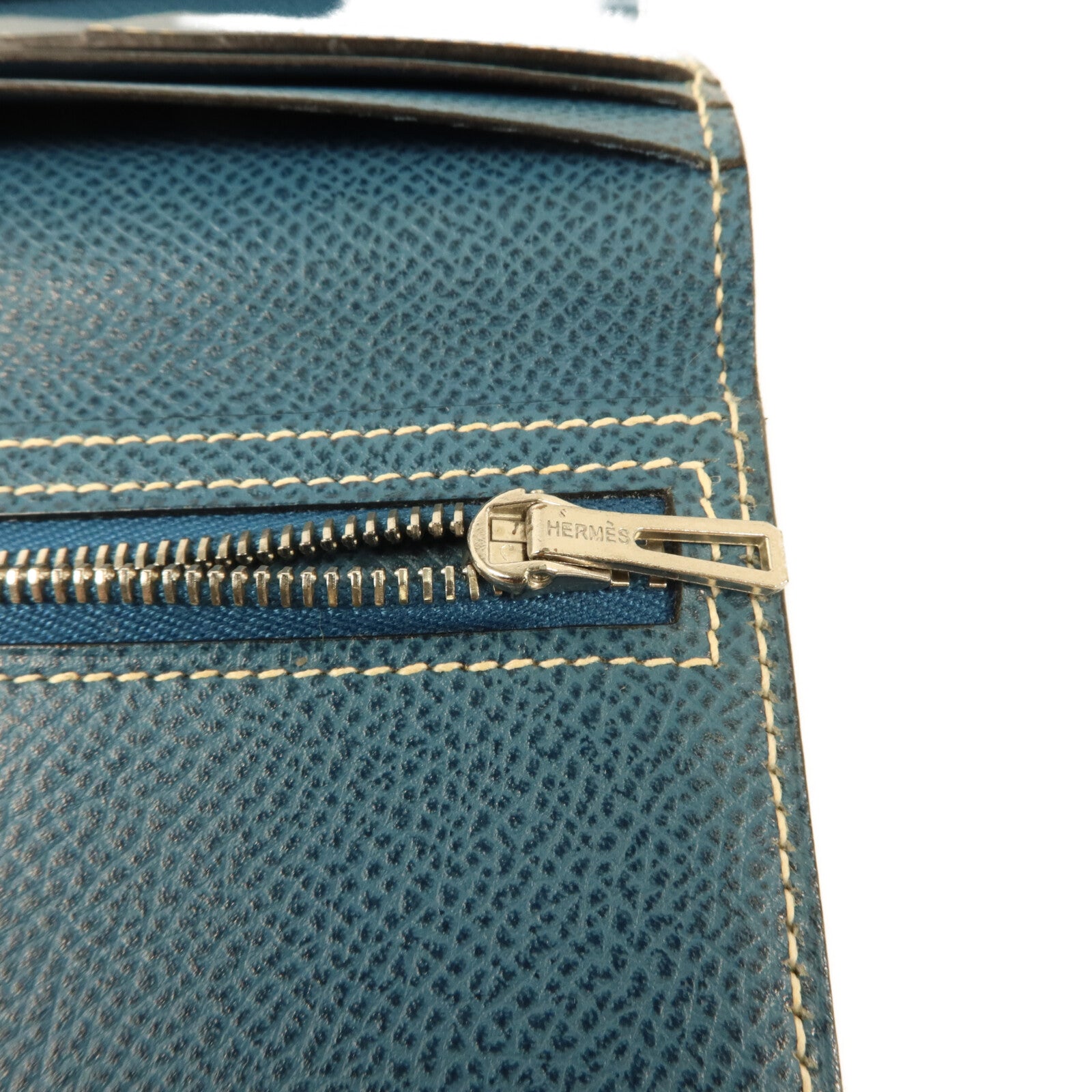 HERMES Courchevel皮革Bearn Trifold長錢包Bleu Jean