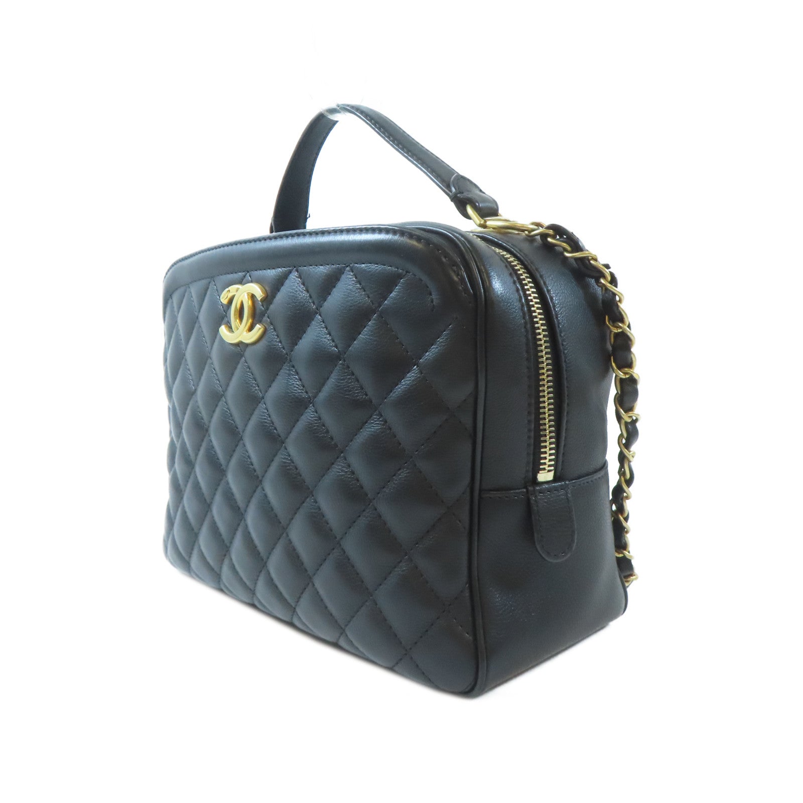 CHANEL 菱格牛皮皮革Chain Shoulder金扣手挽肩背兩用袋黑色