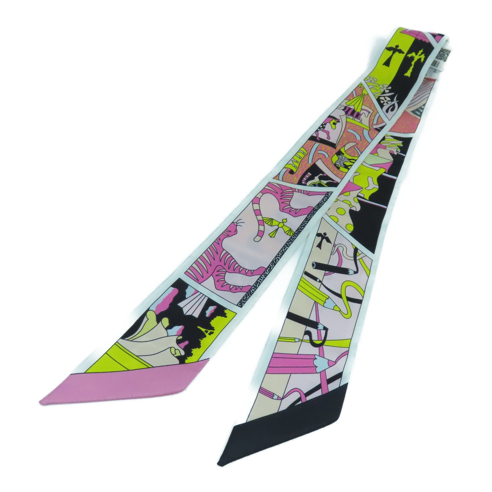 HERMES 【激減優惠】絲質Twilly Scarf絲巾白色/粉紅色