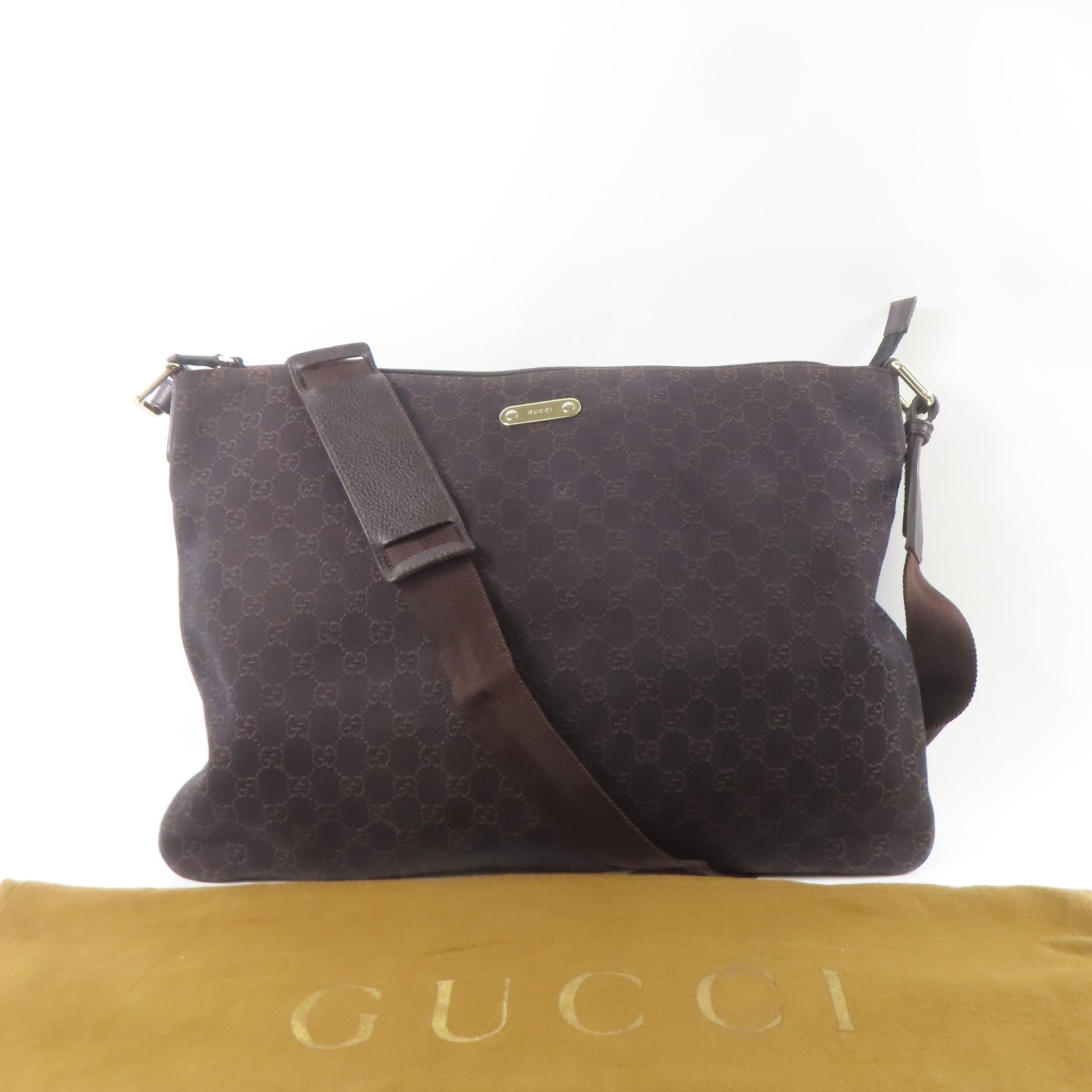 GUCCI 帆布Shoulder Bag銀扣肩背袋棕色