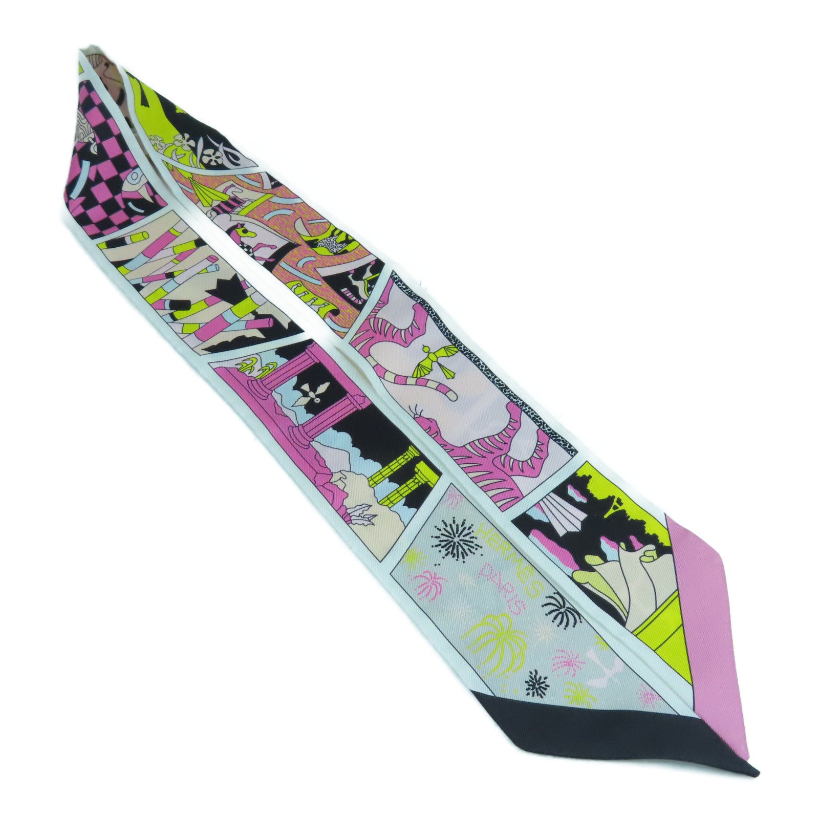 HERMES 【激減優惠】絲質Twilly Scarf絲巾白色/粉紅色