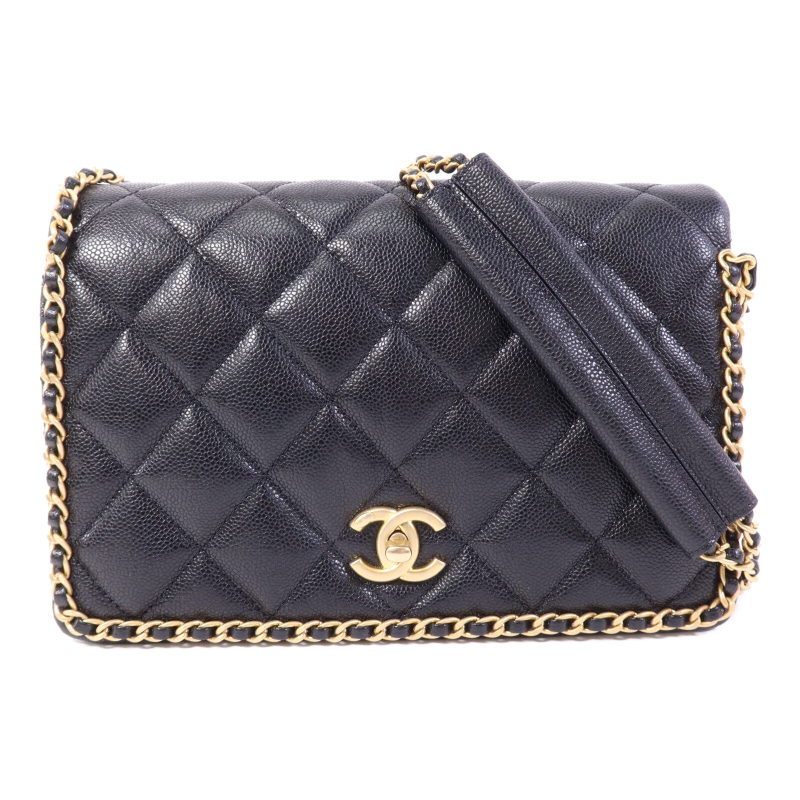 CHANEL 牛皮皮革Chain Around Flap Bag金扣鏈帶肩背袋