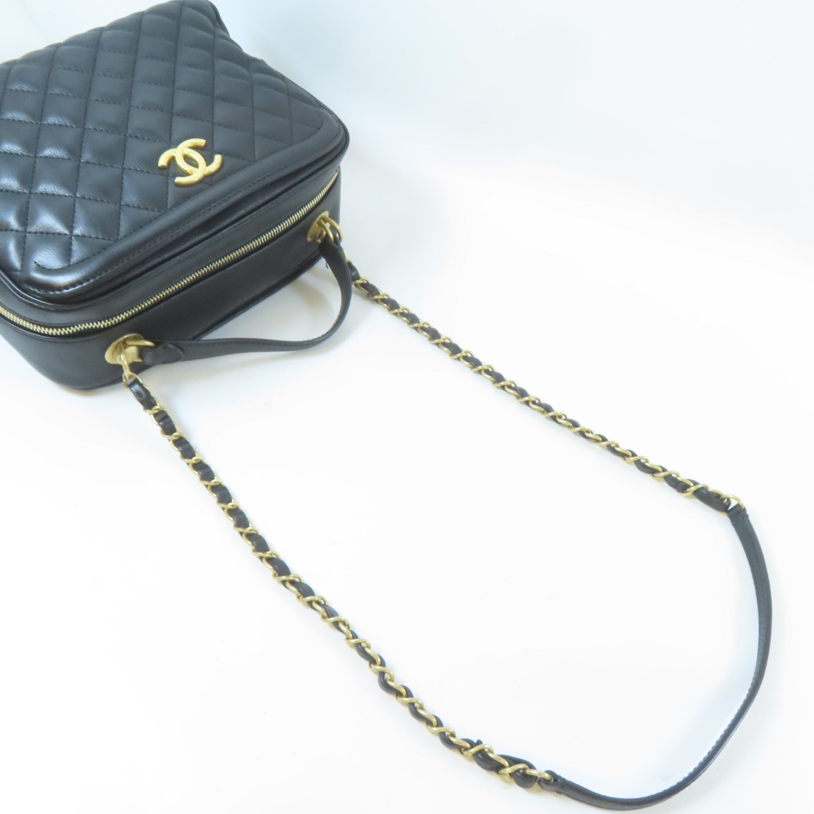 CHANEL 菱格牛皮皮革Chain Shoulder金扣手挽肩背兩用袋黑色