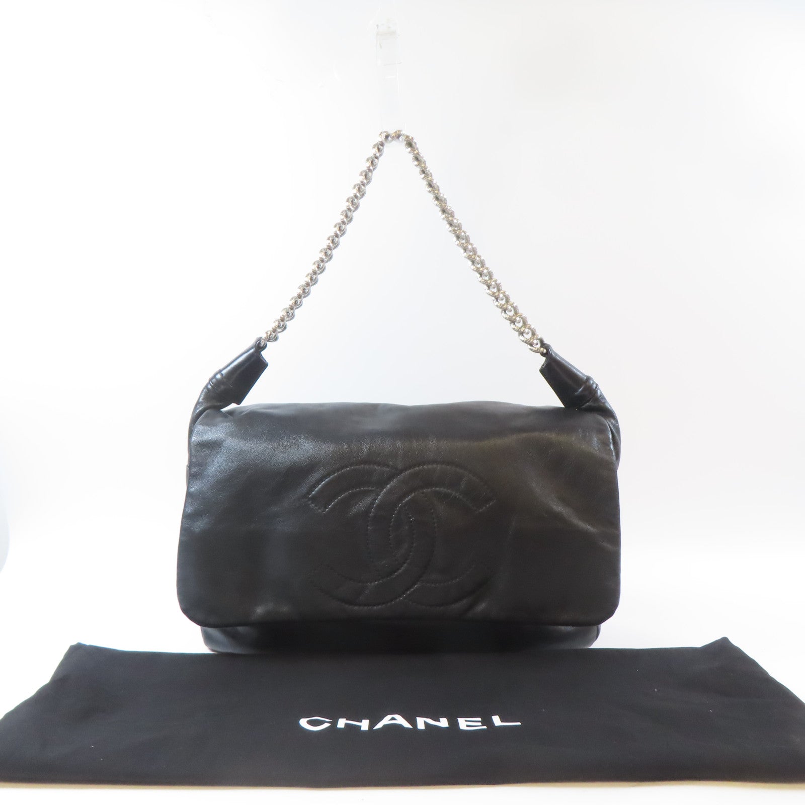 CHANEL 牛皮皮革Shoulder Bag金扣鏈帶肩背袋黑色