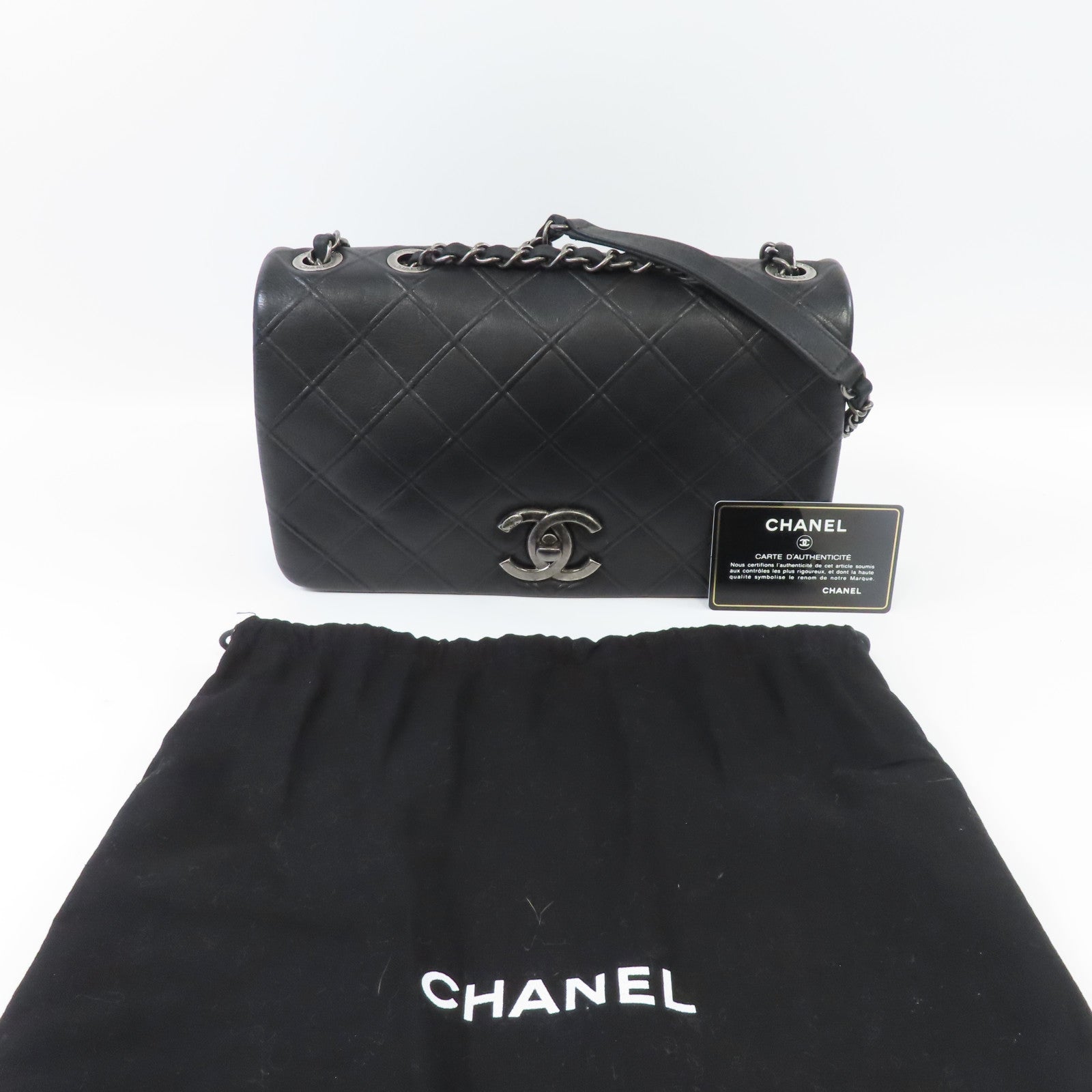 CHANEL 牛皮皮革Chain Shoulder銀扣鏈帶肩背袋黑色