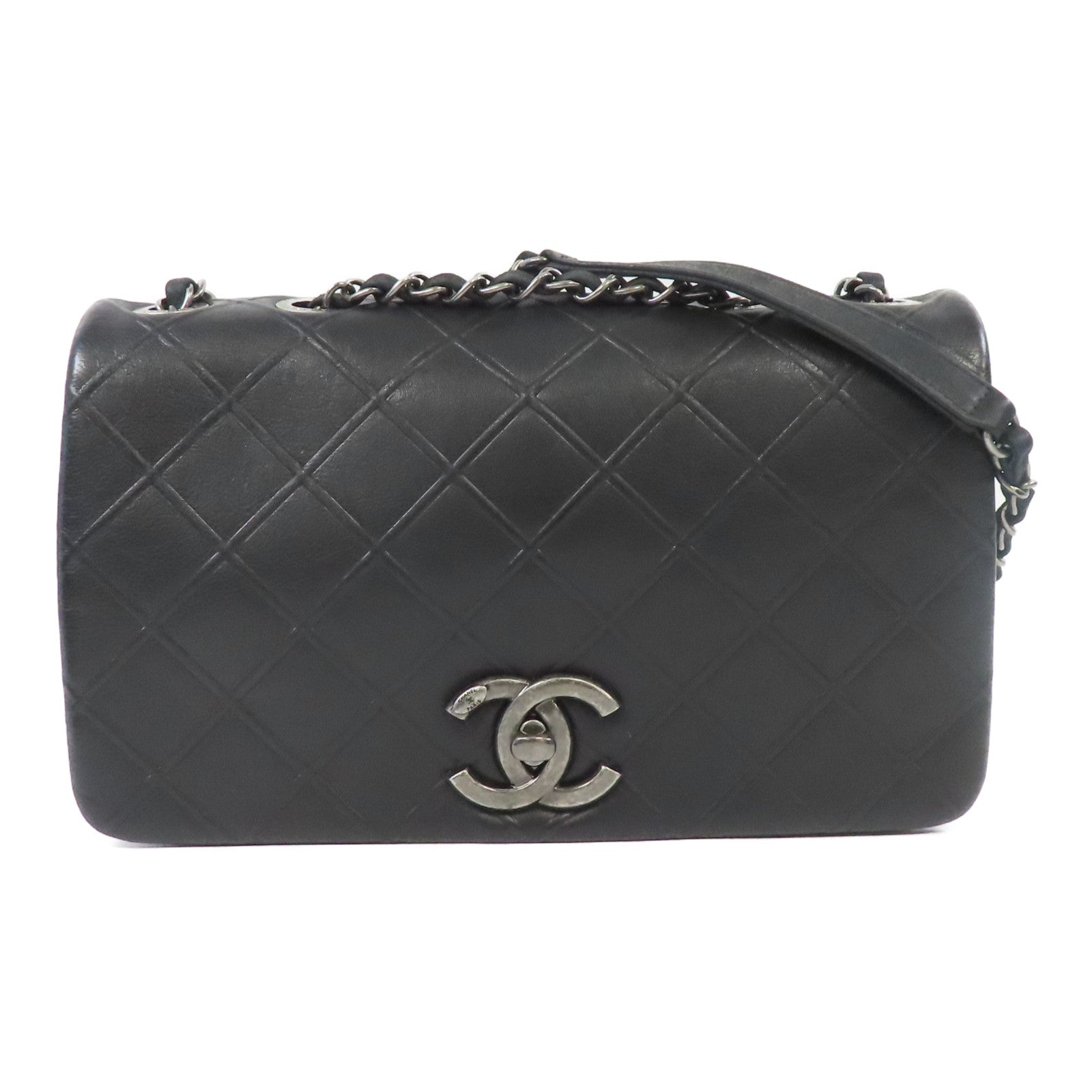 CHANEL 牛皮皮革Chain Shoulder銀扣鏈帶肩背袋黑色