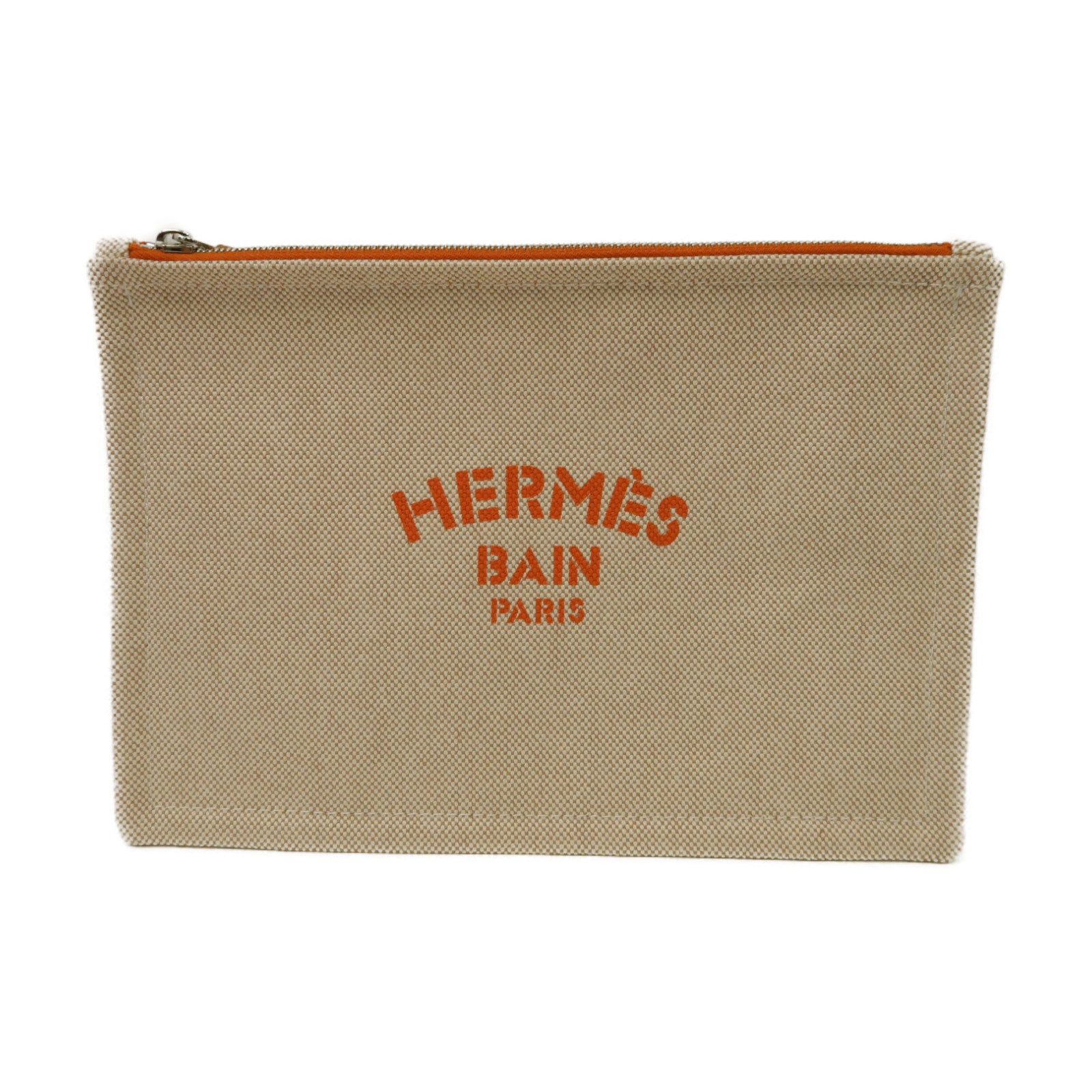 HERMES 帆布Bain銀扣手拿包米色/橙色