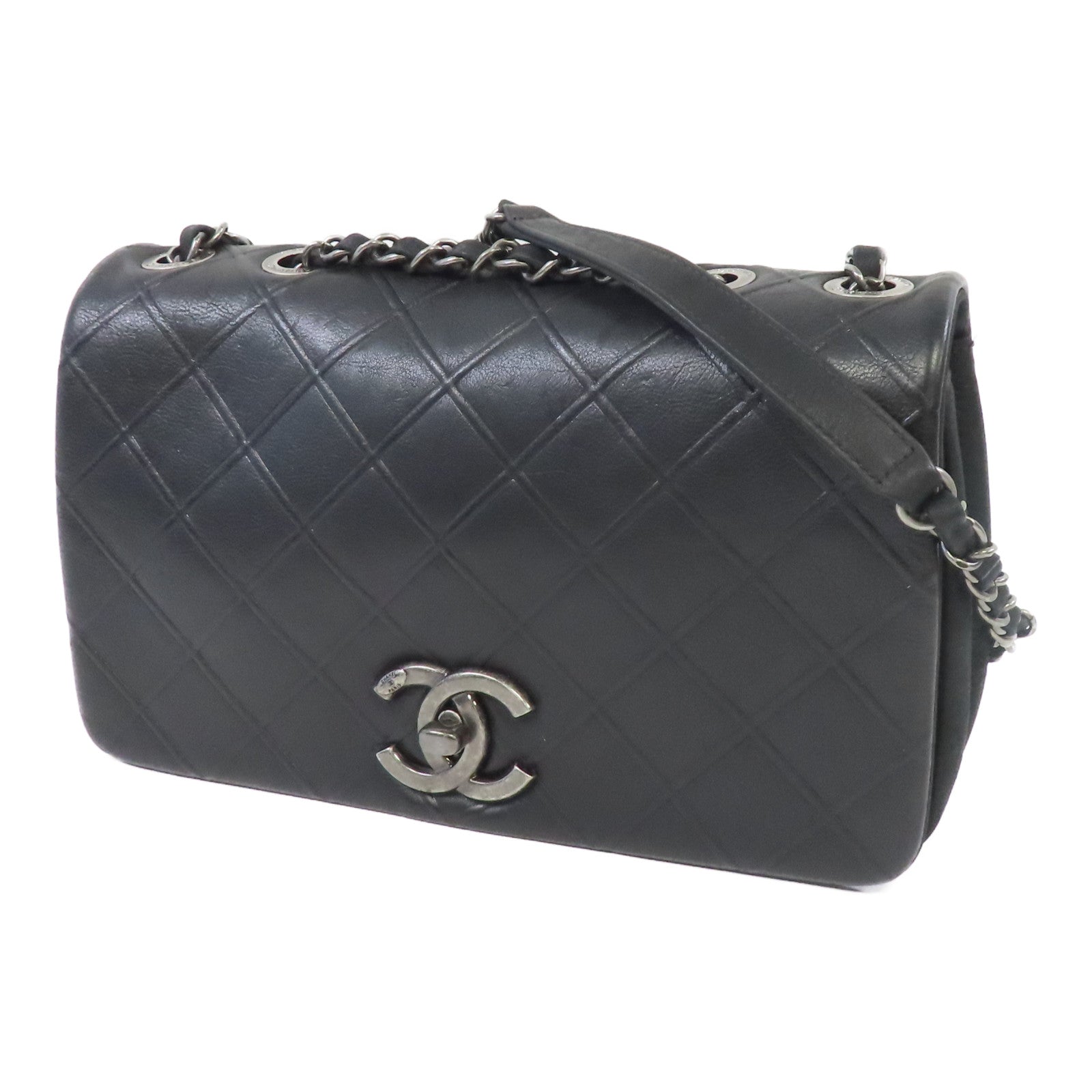 CHANEL 牛皮皮革Chain Shoulder銀扣鏈帶肩背袋黑色