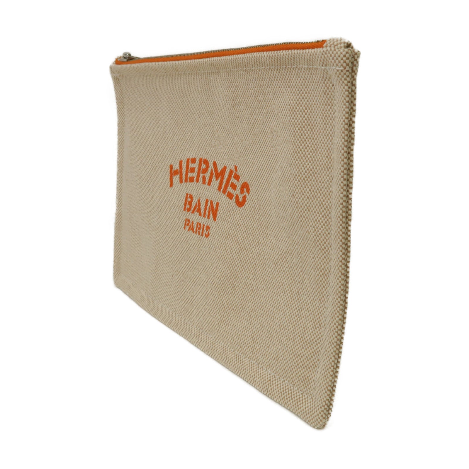 HERMES 帆布Bain銀扣手拿包米色/橙色