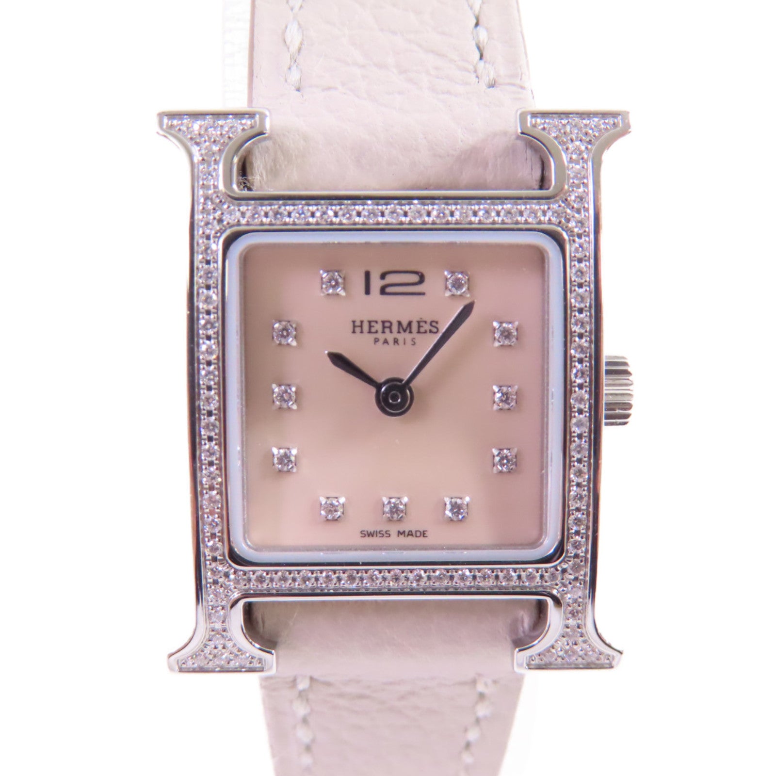 HERMES Heure H Mini Watch不鏽鋼/皮帶石英手錶杏色
