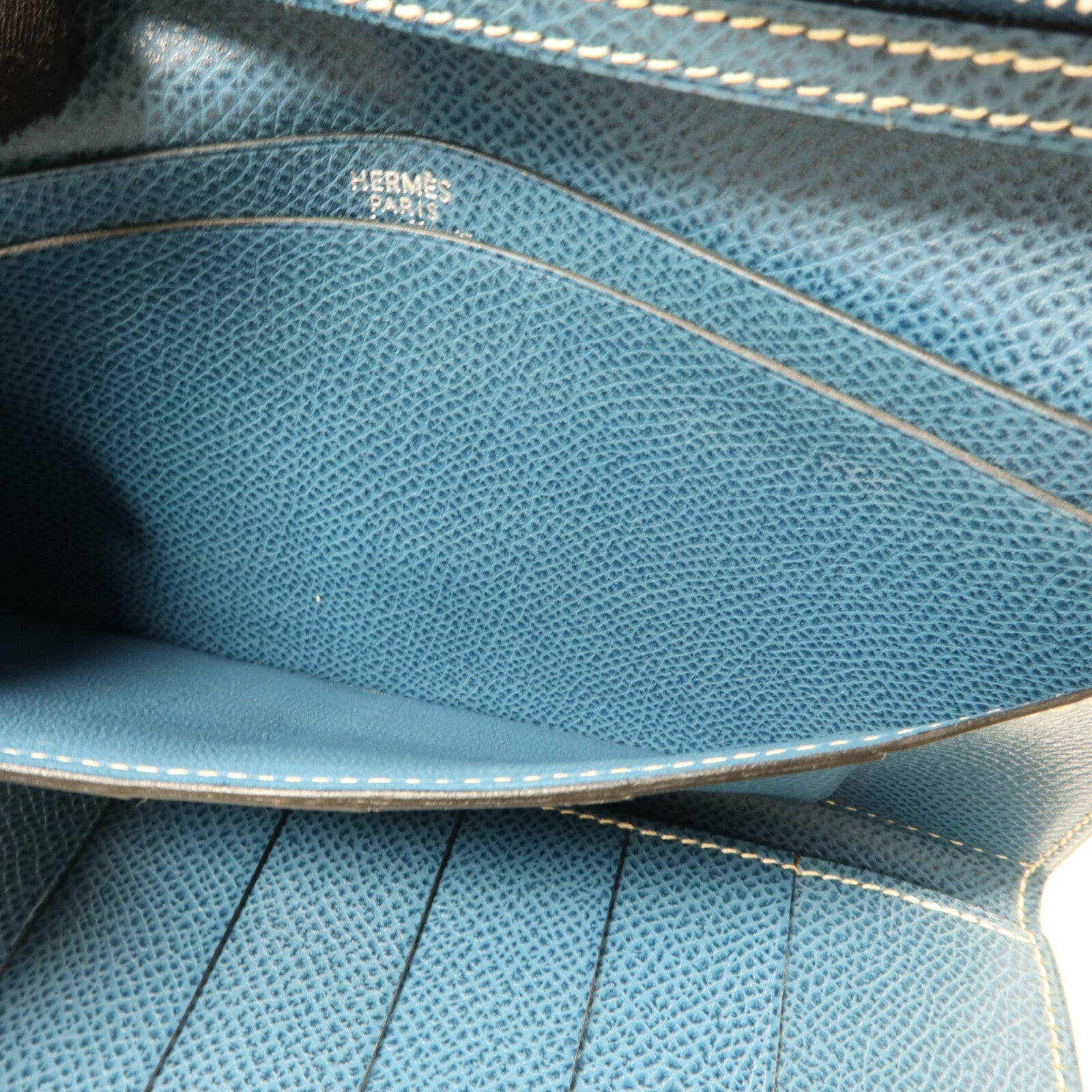 HERMES Courchevel皮革Bearn Trifold長錢包Bleu Jean