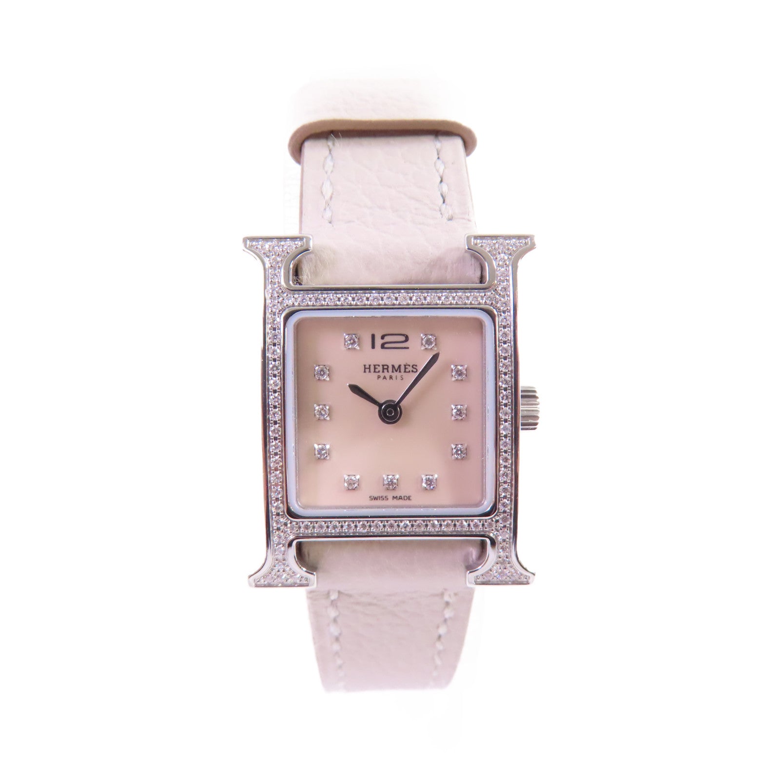 HERMES Heure H Mini Watch不鏽鋼/皮帶石英手錶杏色