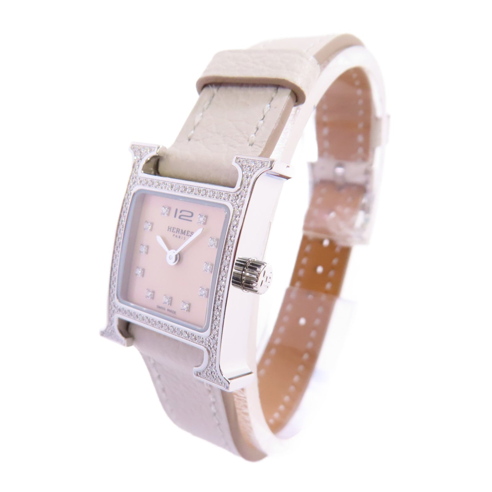 HERMES Heure H Mini Watch不鏽鋼/皮帶石英手錶杏色