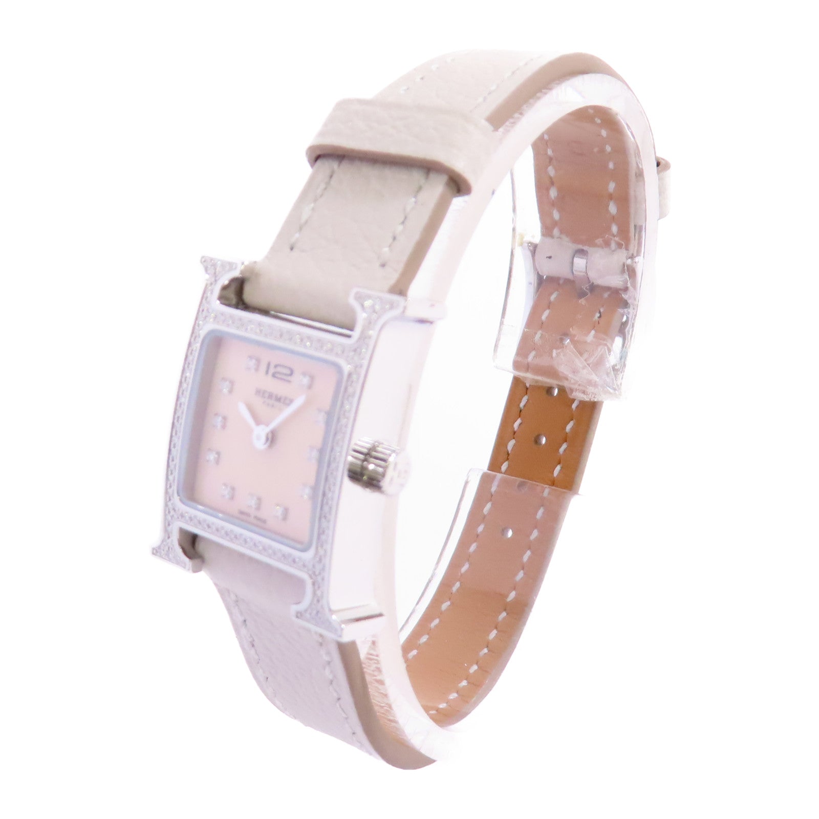 HERMES Heure H Mini Watch不鏽鋼/皮帶石英手錶杏色