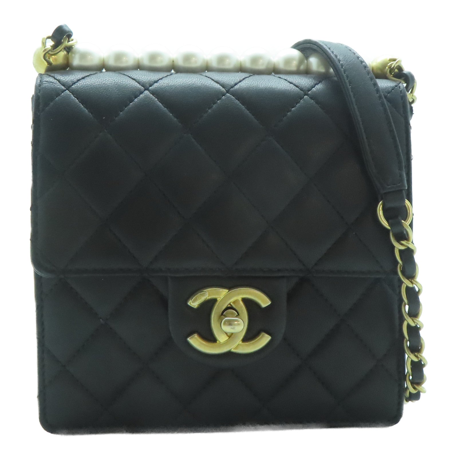 CHANEL 菱格羊皮皮革Chic Pearls Flap金扣鏈帶肩背袋黑色