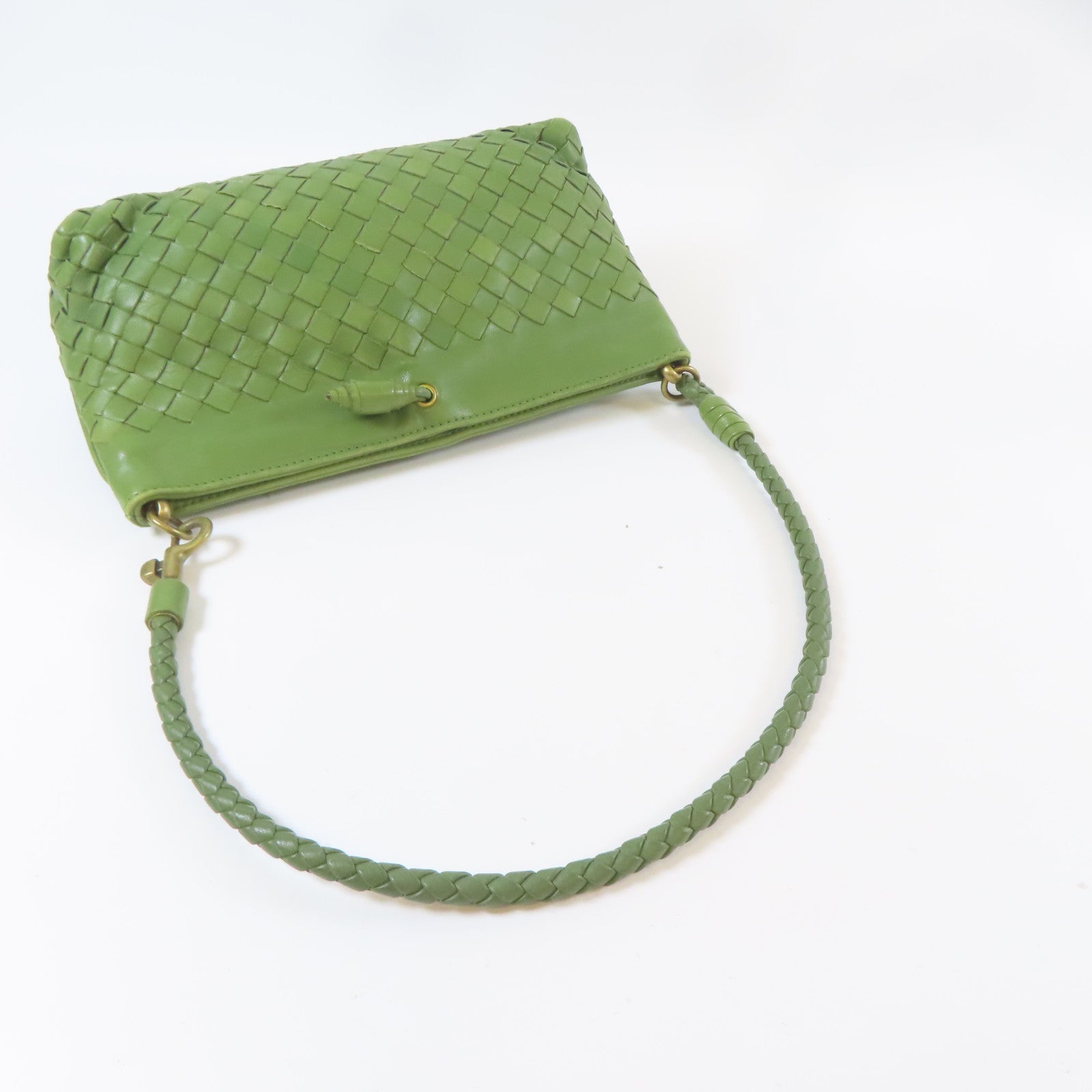 BOTTEGA VENETA 織紋皮革Shoulder Bag金扣手挽袋綠色