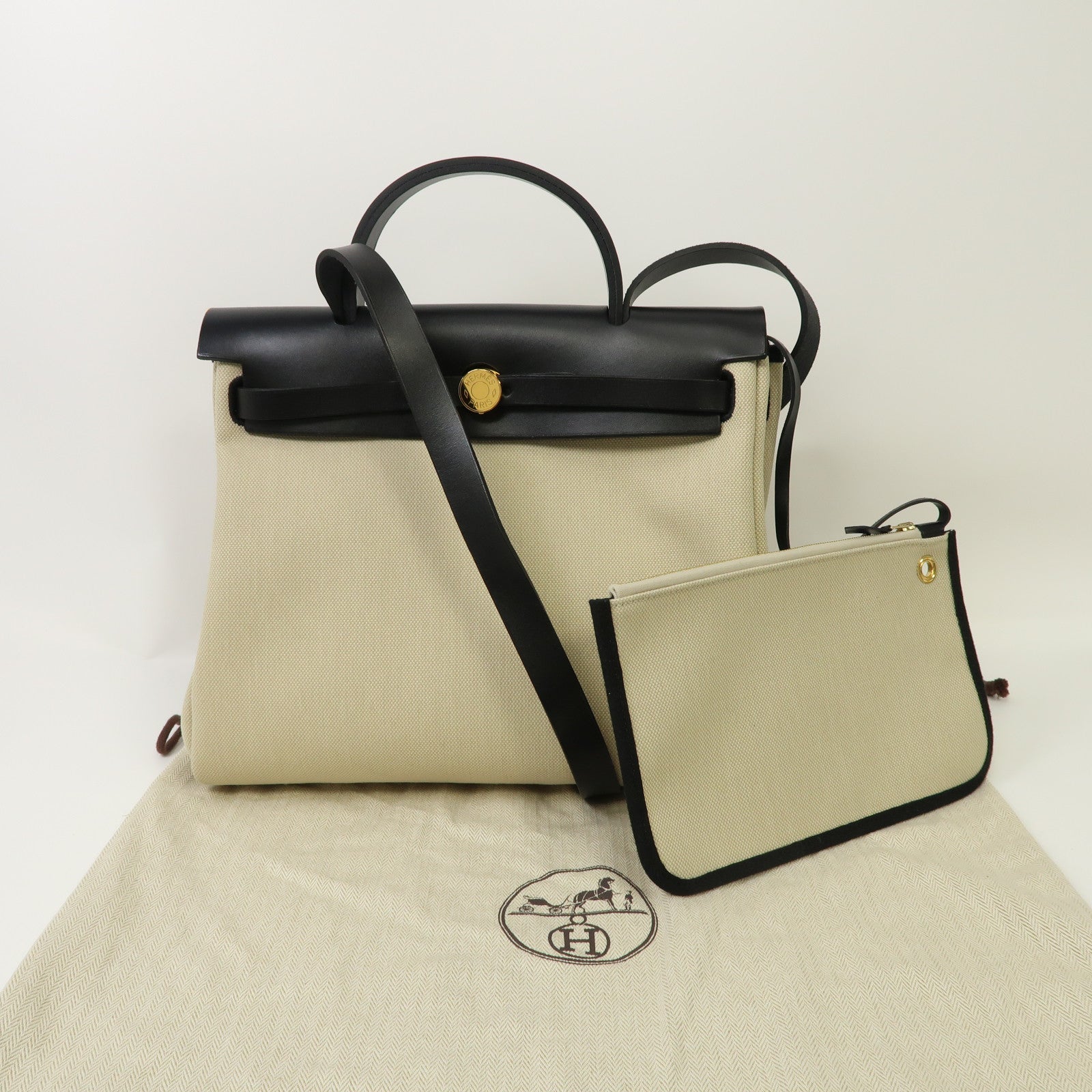 HERMES 帆布Herbag PM金扣手挽肩背兩用袋Beton/油白色