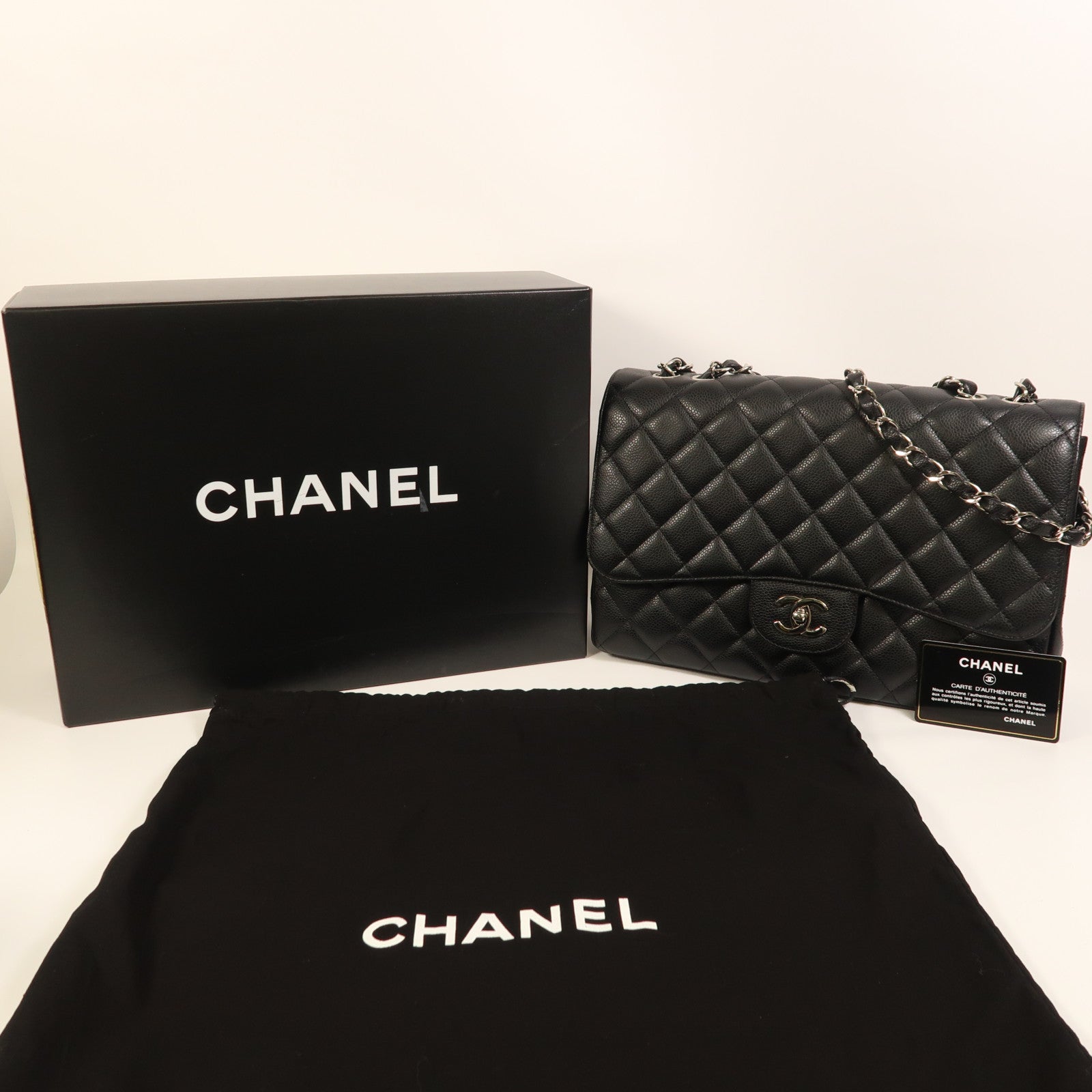 CHANEL 牛皮皮革Large Classic銀扣鏈帶肩背袋