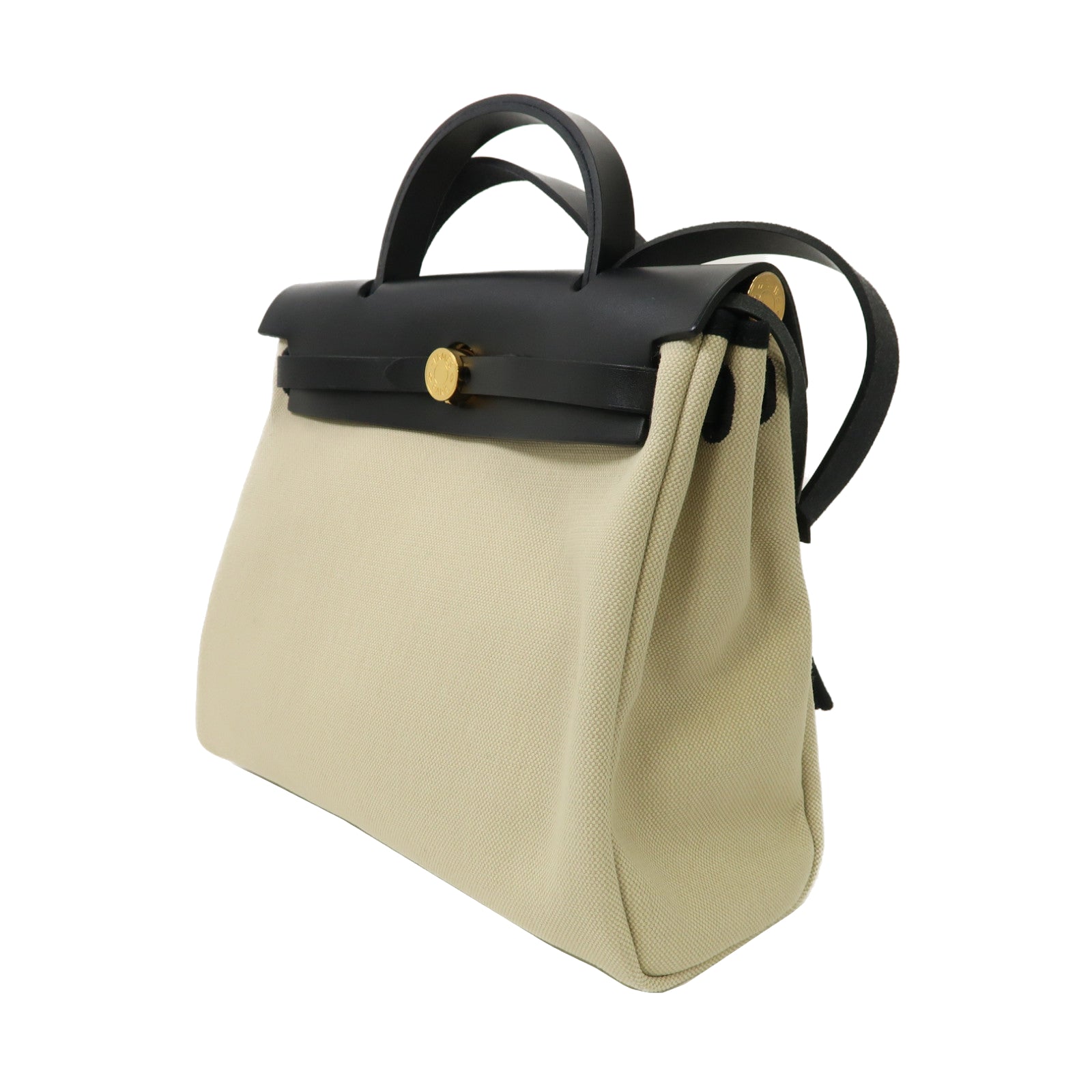 HERMES 帆布Herbag PM金扣手挽肩背兩用袋Beton/油白色