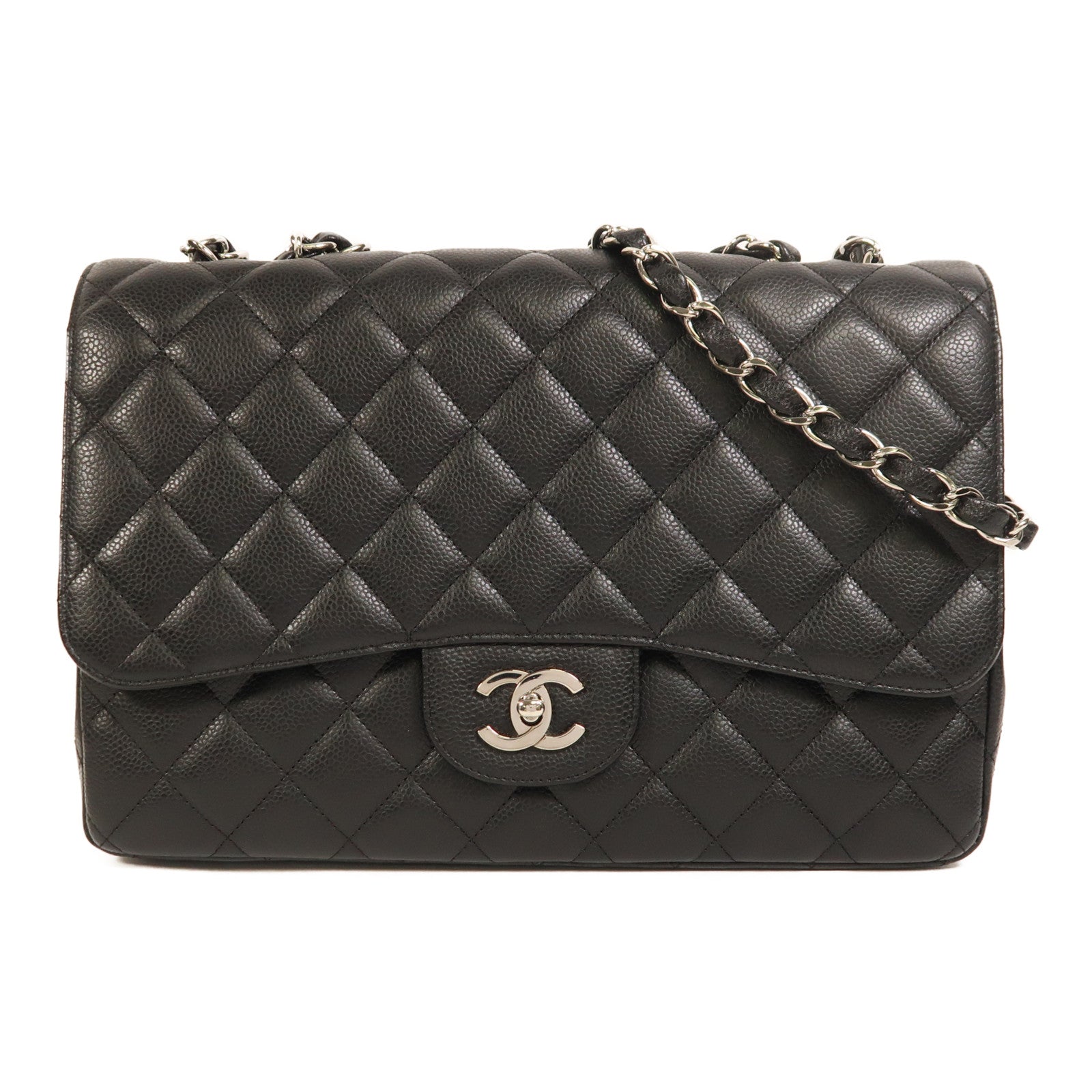 CHANEL 牛皮皮革Large Classic銀扣鏈帶肩背袋