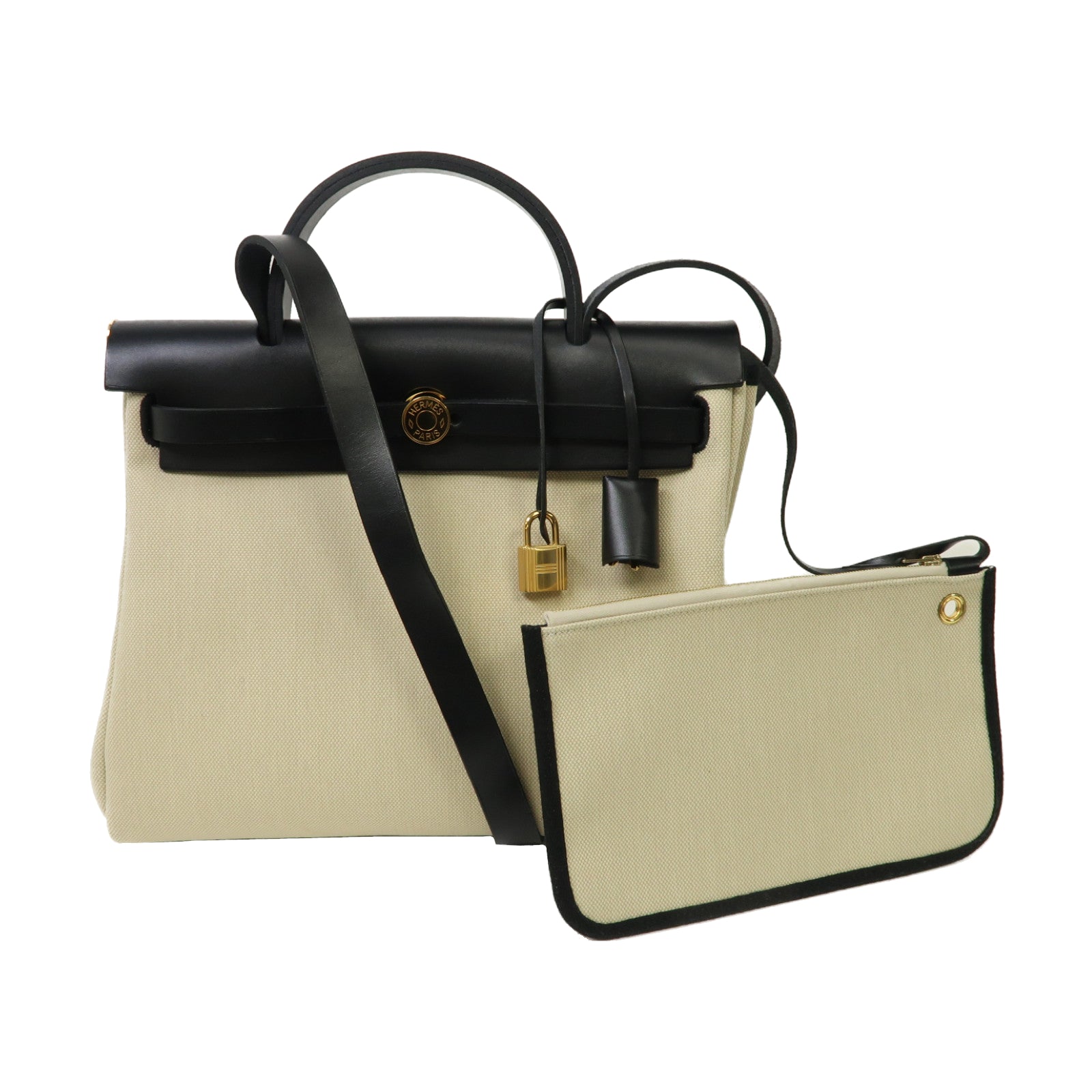 HERMES 帆布Herbag PM金扣手挽肩背兩用袋Beton/油白色