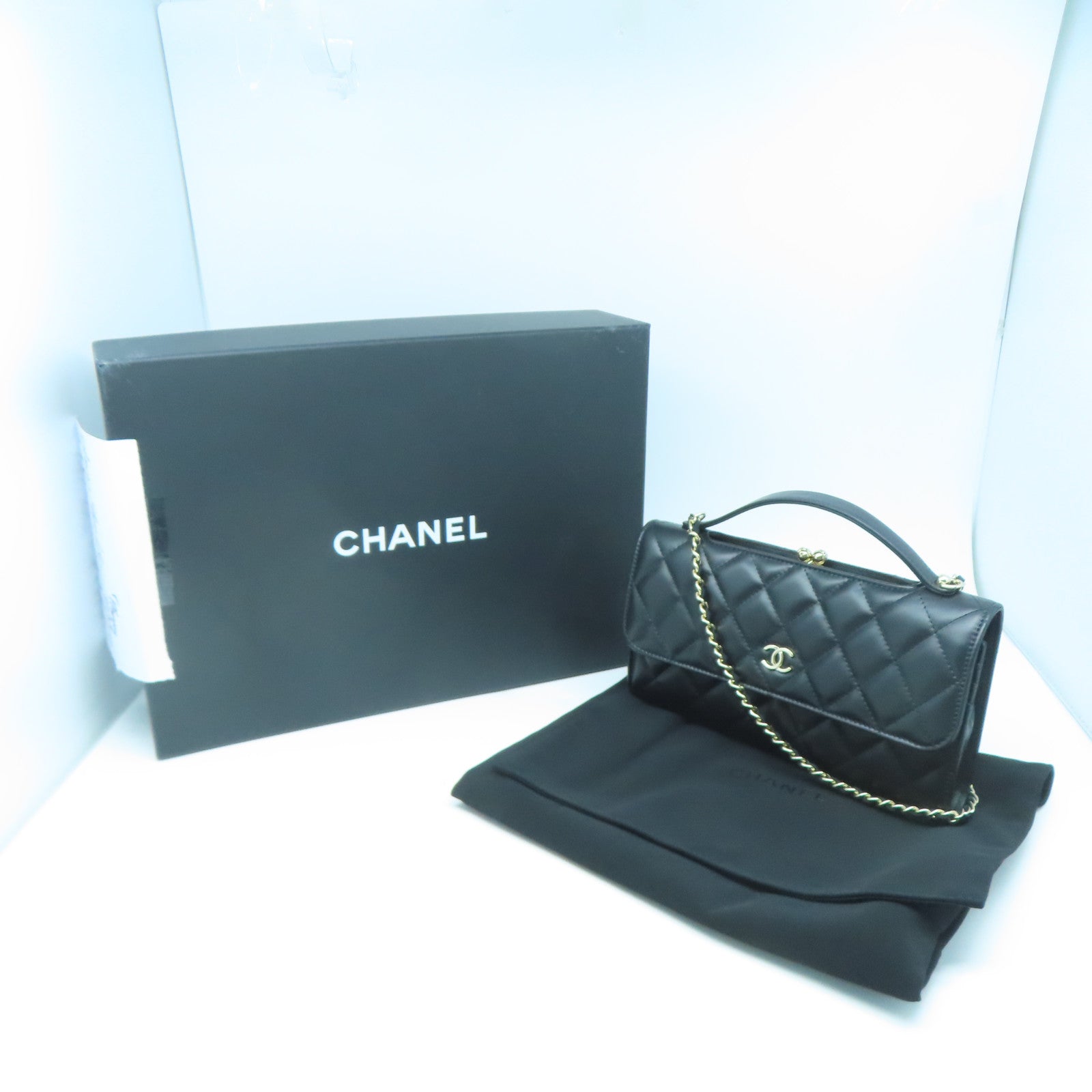 CHANEL 【激減優惠】菱格羊皮皮革Chain Shoulder金扣鏈帶手挽肩背兩用袋黑色