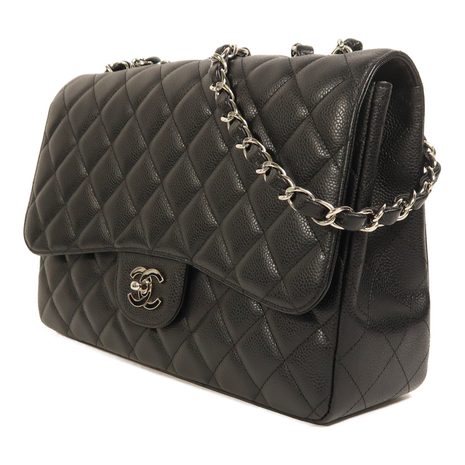 CHANEL 牛皮皮革Large Classic銀扣鏈帶肩背袋