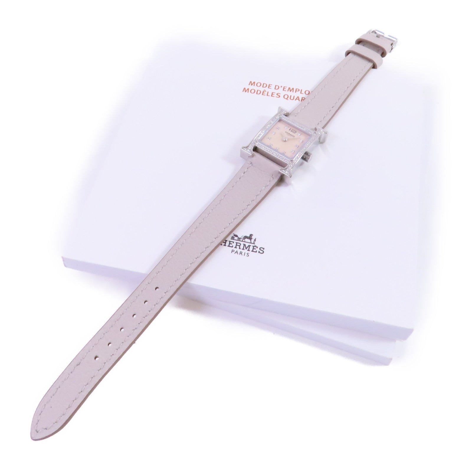 HERMES Heure H Mini Watch不鏽鋼/皮帶石英手錶杏色