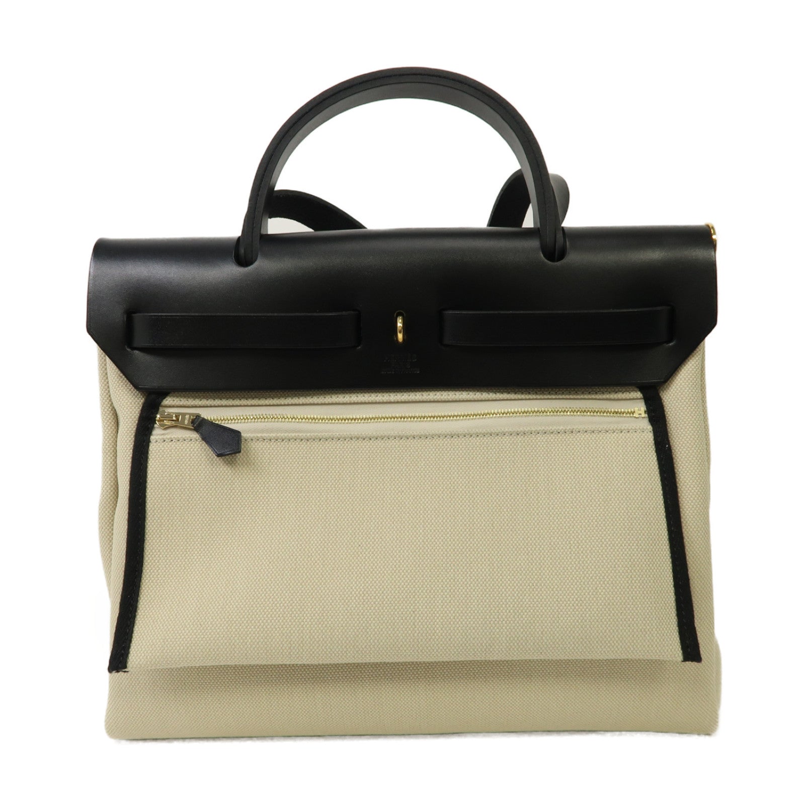 HERMES 帆布Herbag PM金扣手挽肩背兩用袋Beton/油白色